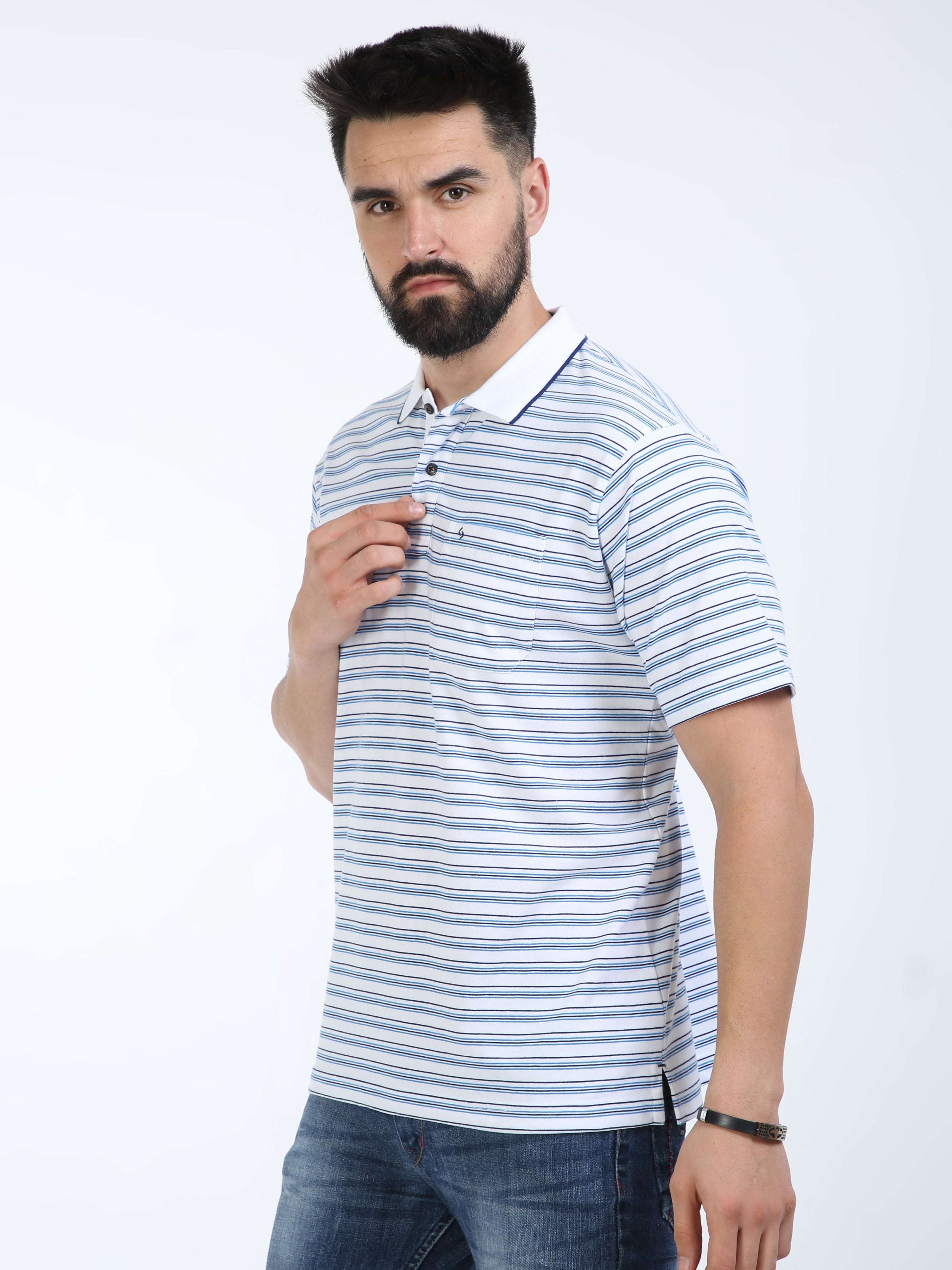 Classic Polo Mens Cotton Half Sleeves Striped Authentic Fit Polo Neck White Color T-Shirt | Feeders-231 A Af P