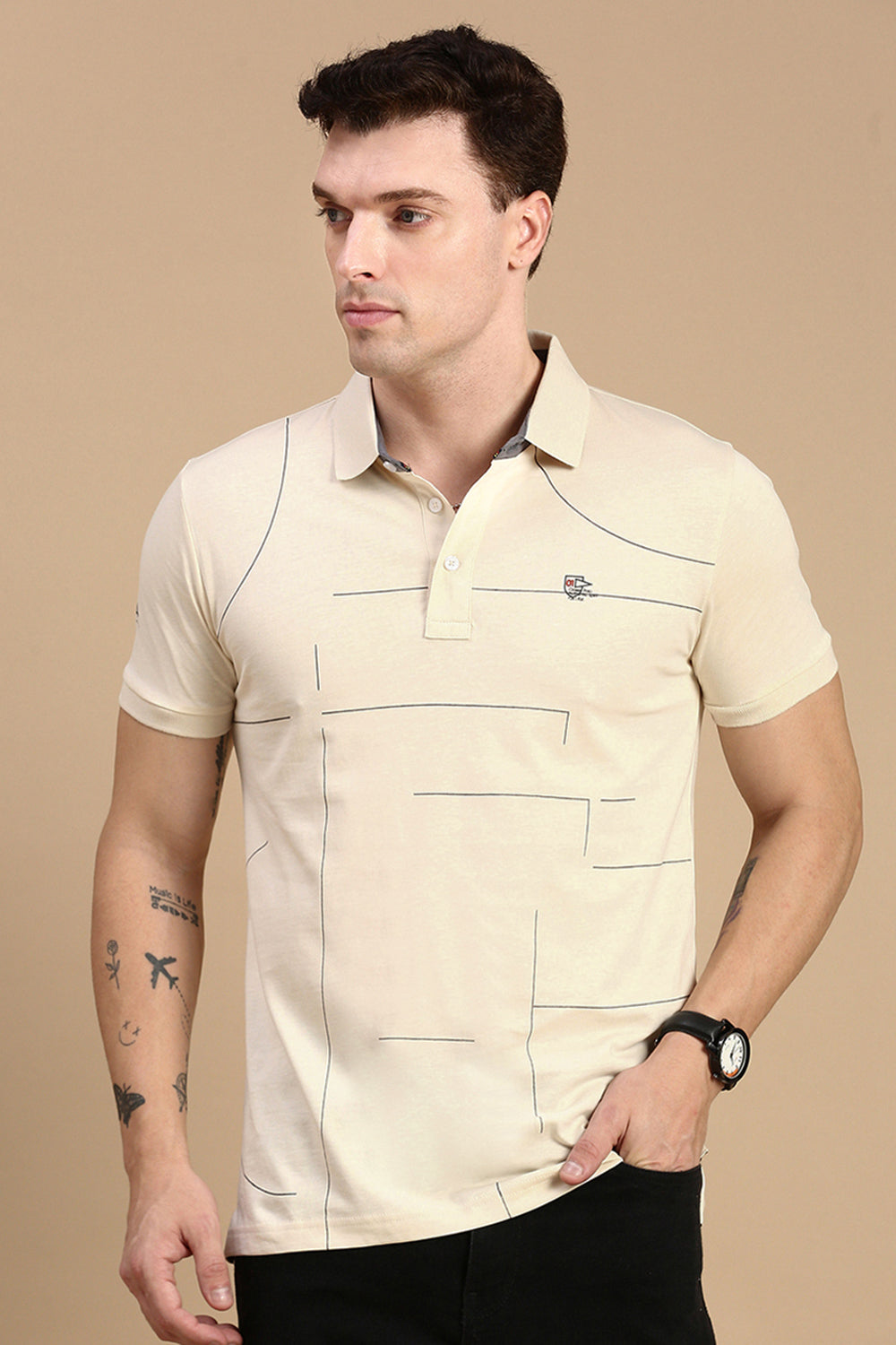 Classic Polo Men's Half Sleeve Beige Polo Neck Slim Fit Printed T-Shirt | FP - 04 B SF P