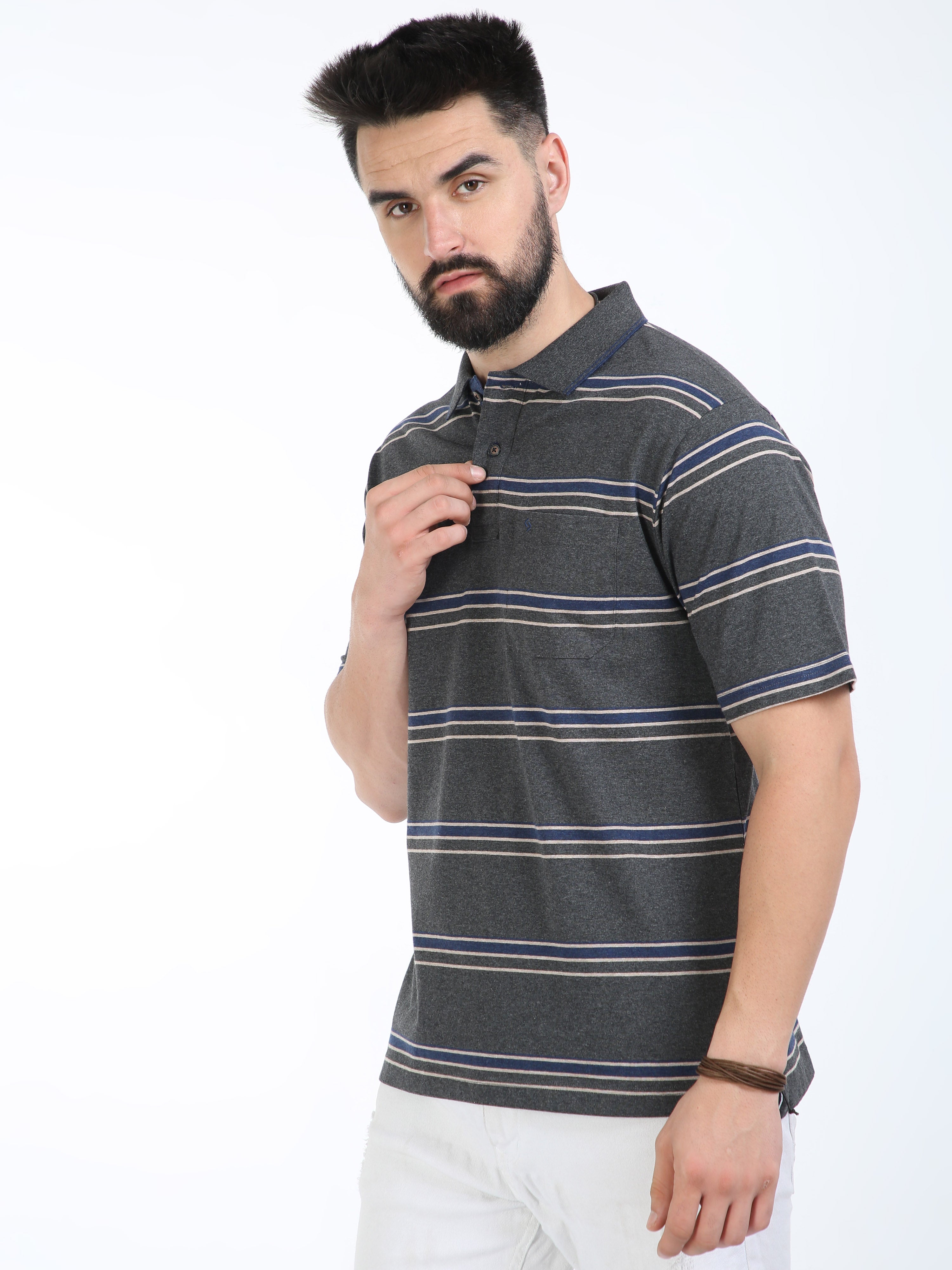 Classic Polo Mens Cotton Half Sleeves Striped Authentic Fit Polo Neck Grey Color T-Shirt | Mel - 241 B Af P