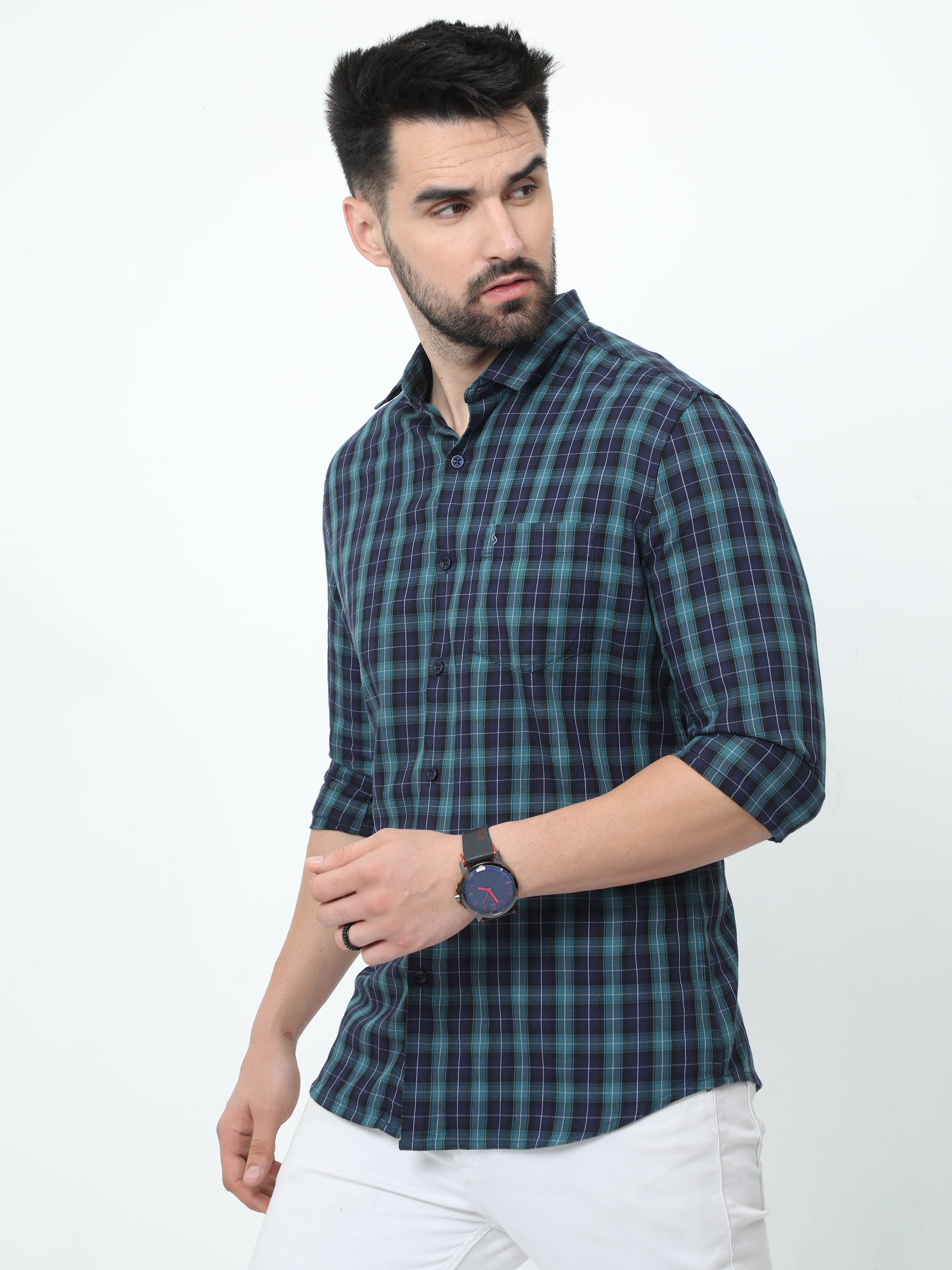 Classic Polo Mens Pure Cotton Full Sleeves Checked Slim Fit Polo Neck Blue Color Woven Shirt | So2-177 B-Fs-Chk-Sf
