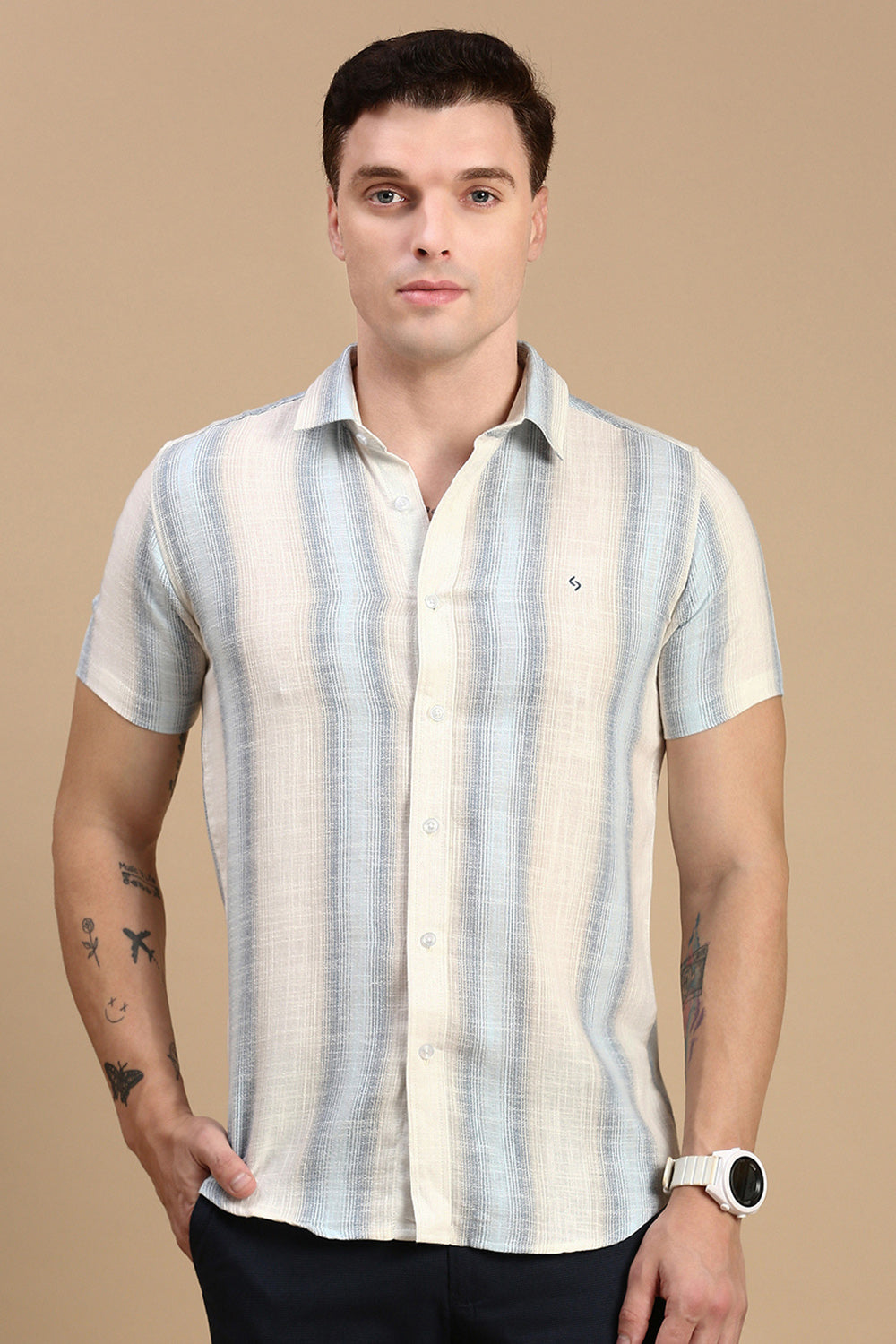 Classic Polo Men's Half Sleeve Beige/Blue Polo Neck Slim Fit Striped Shirt | SP2-GN-01 B-HS-STR-BSL