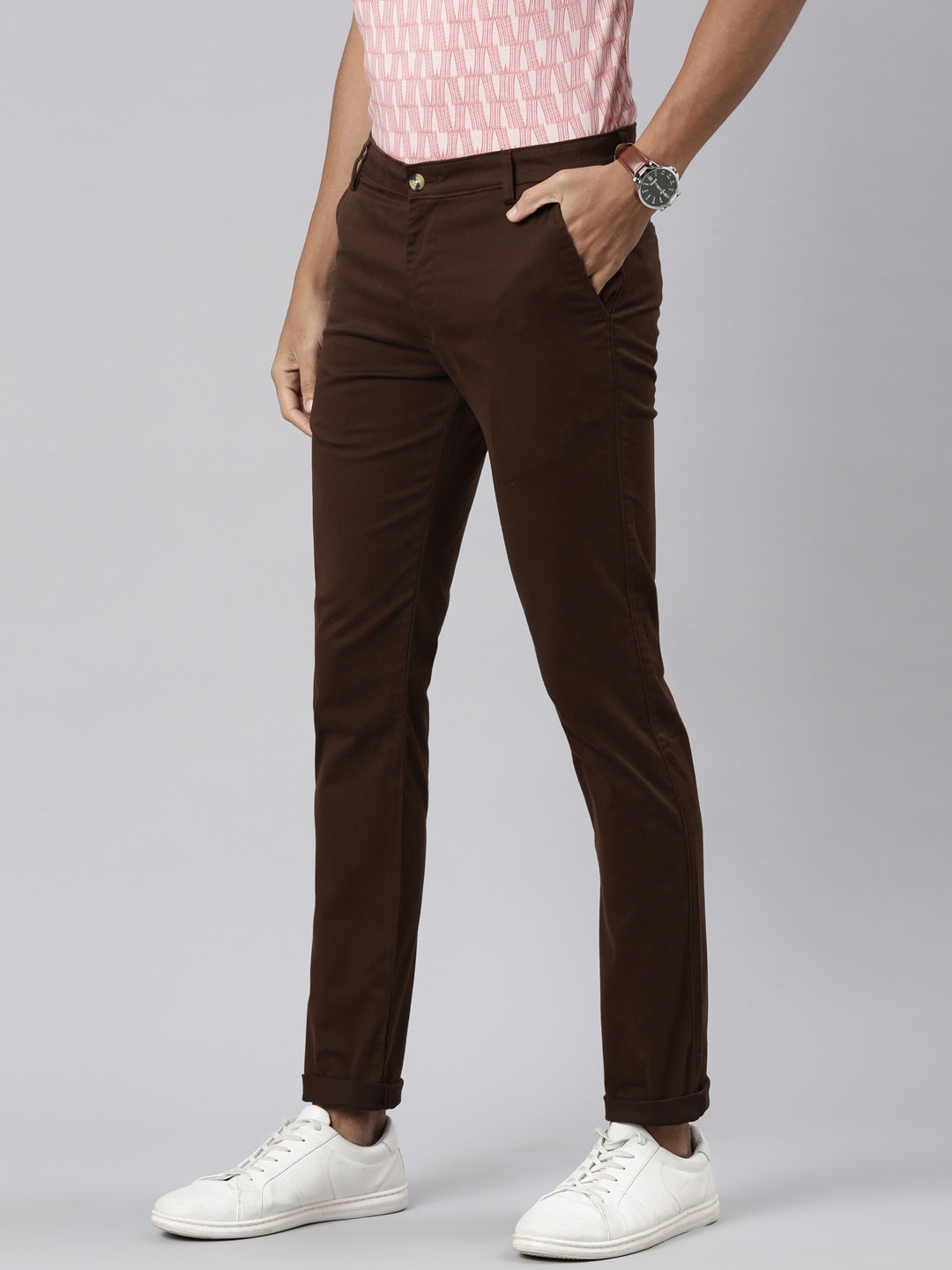 Classic Polo Men's Dark Brown Cotton Lycra Moderate Fit Trousers | TRS-CHINO-D.COF MF LY