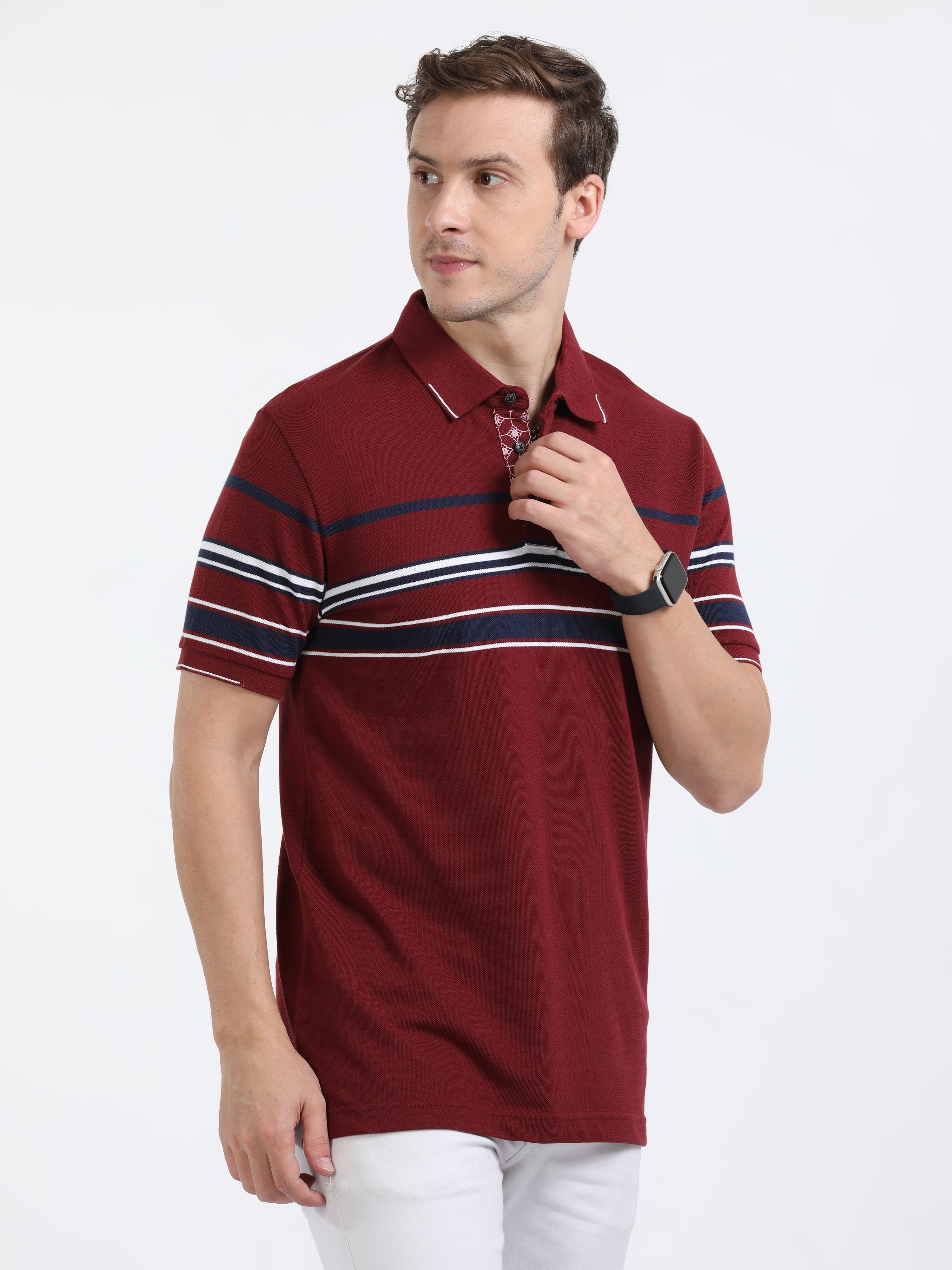Classic Polo Mens Cotton Half Sleeves Striped Slim Fit Polo Neck Maroon Color T-Shirt | Vta - 245 A Sf P