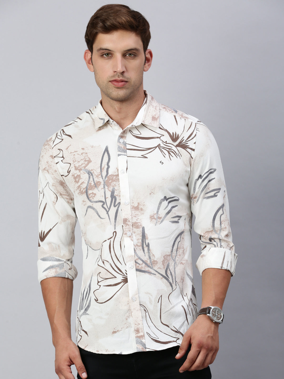 Classic Polo Men's Full Sleeve White/Brown Polo Neck Slim Fit Printed Shirt | SP2-GN-07 B-FS-PRT-BSL