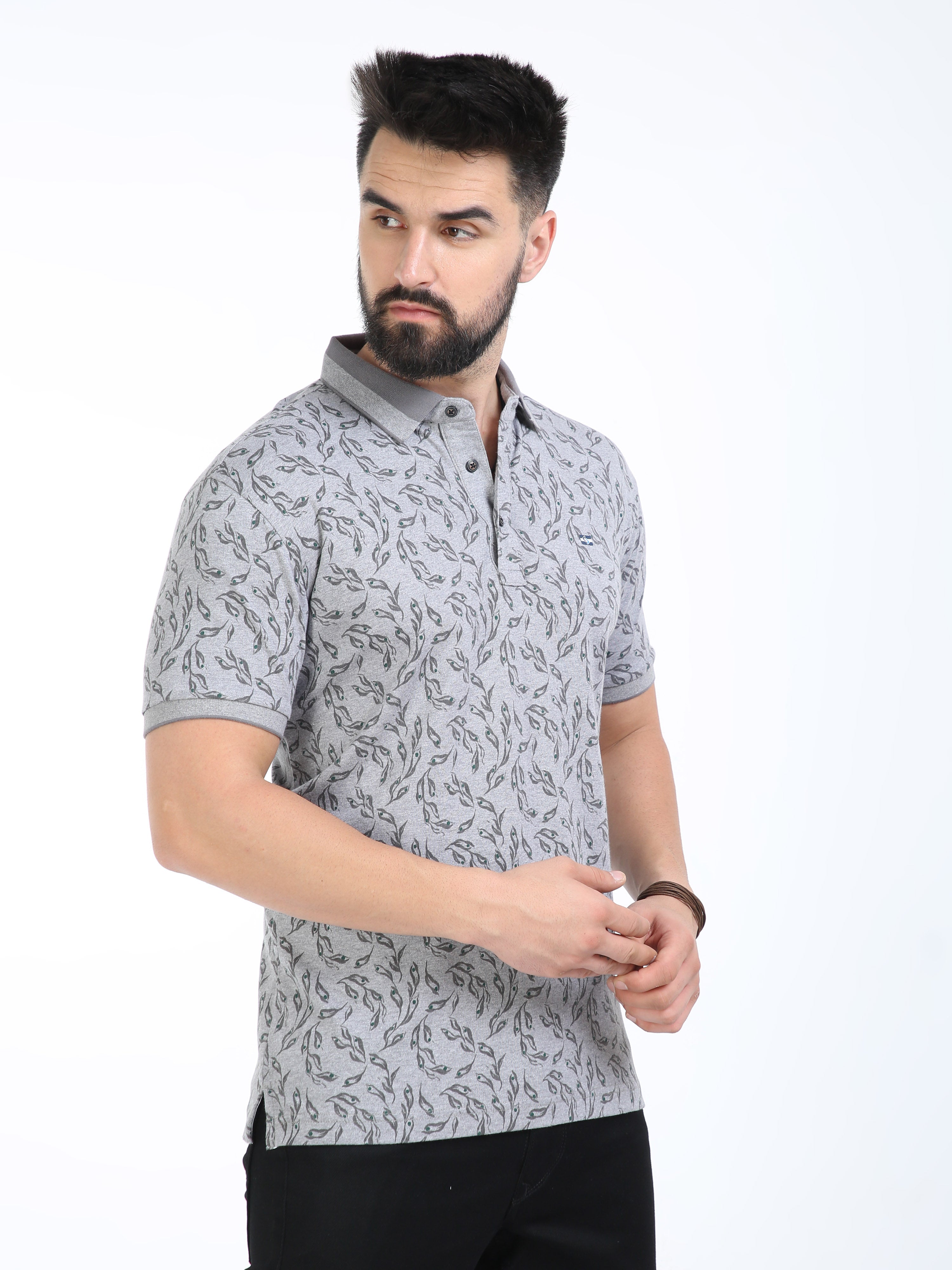 Classic Polo Mens Cotton Half Sleeves Floral Slim Fit Polo Neck Grey Color T-Shirt | Prm - 792 B Sf P