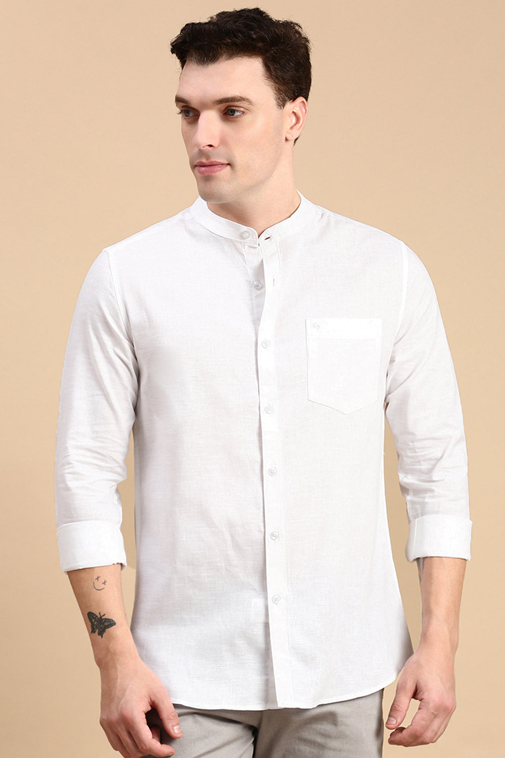 Classic Polo Men's Full Sleeve White Mandrain Slim Fit Solid Shirt | SP2-EL-43 A-FS-SLD-SF-M