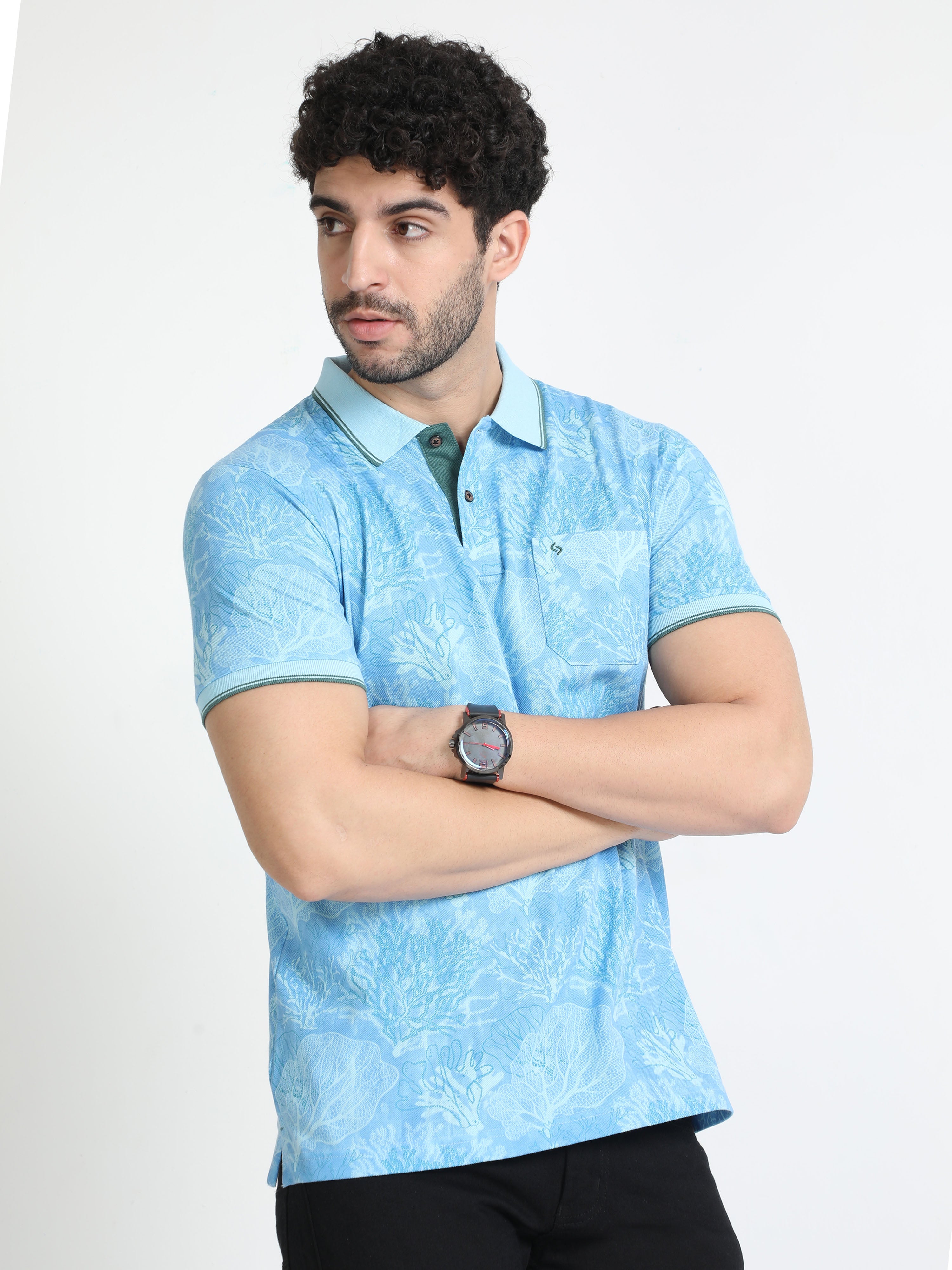 Classic Polo Mens Cotton Half Sleeves Floral Slim Fit Polo Neck Aqua Blue Color T-Shirt | Beau - 213 B Sf P