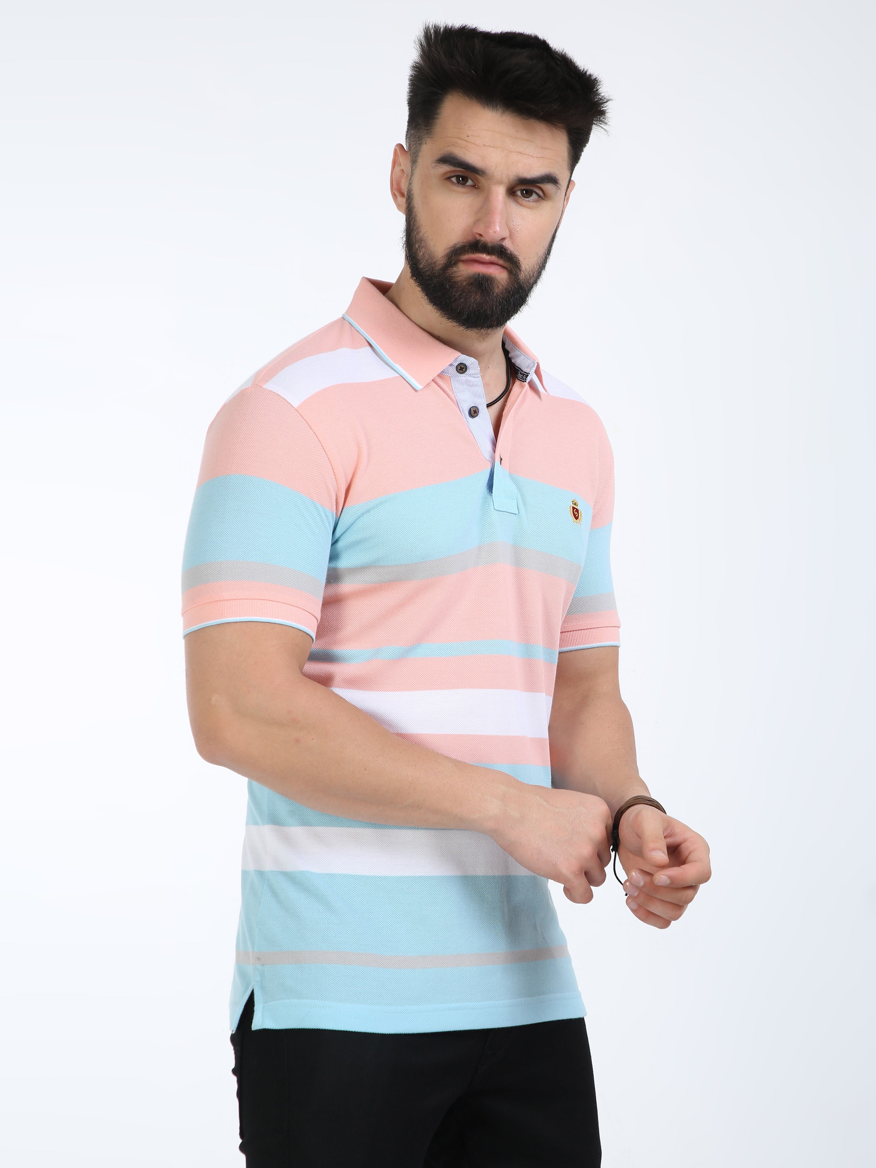 Classic Polo Mens Cotton Half Sleeves Striped Slim Fit Polo Neck Peach Color T-Shirt | Vta - 242 B Sf P