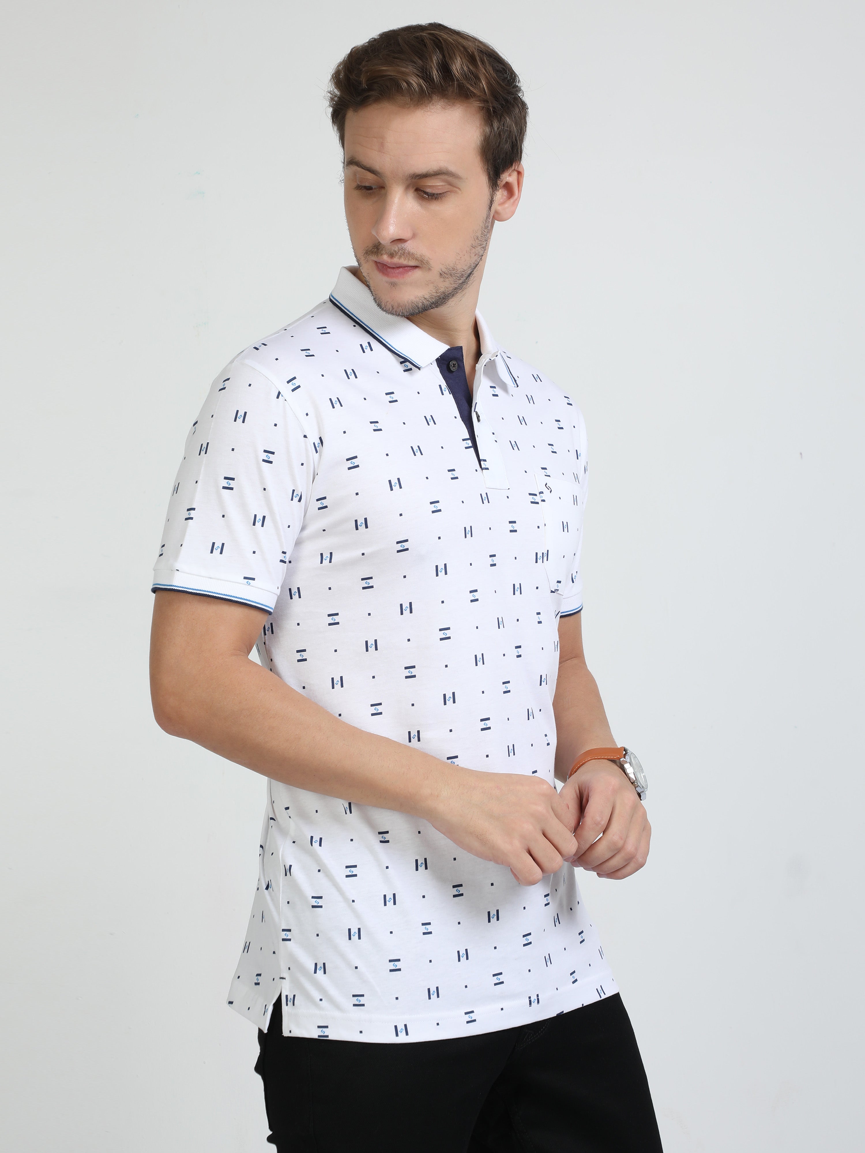 Classic Polo Mens Pure Cotton Half Sleeves Printed Slim Fit Polo Neck White Color T-Shirt | Bello - 218 A Sf P