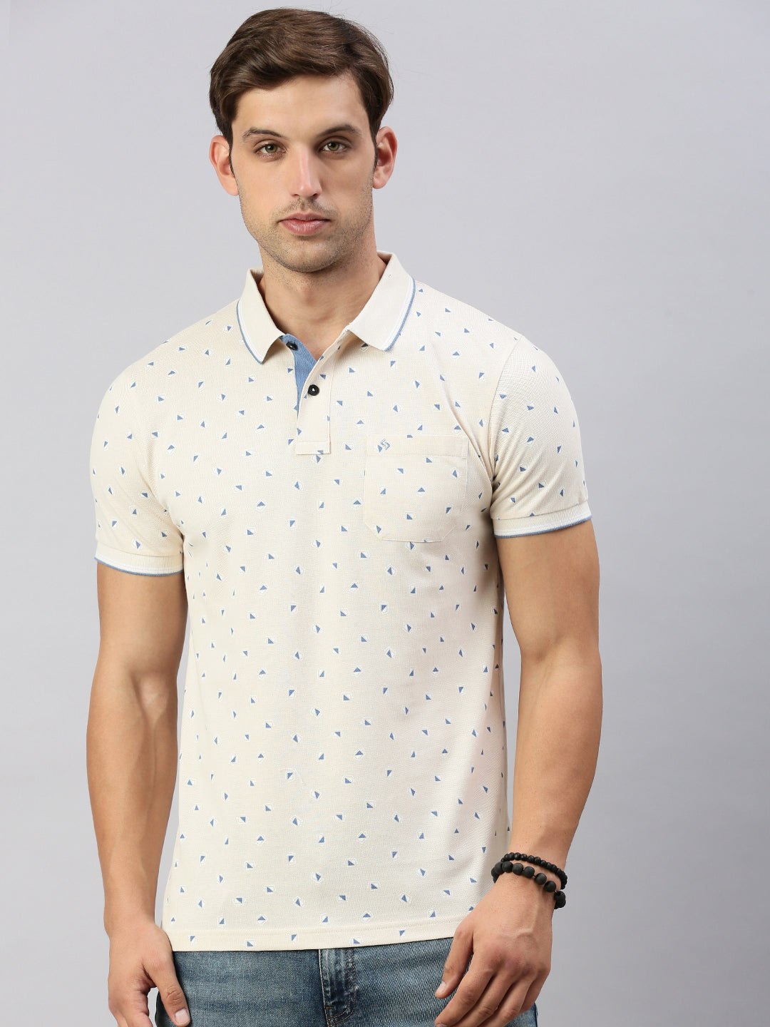 Classic Polo Men's Printed Beige Cotton Slim Fit Half Sleeve T-Shirt | BEAU - 263 A SF P