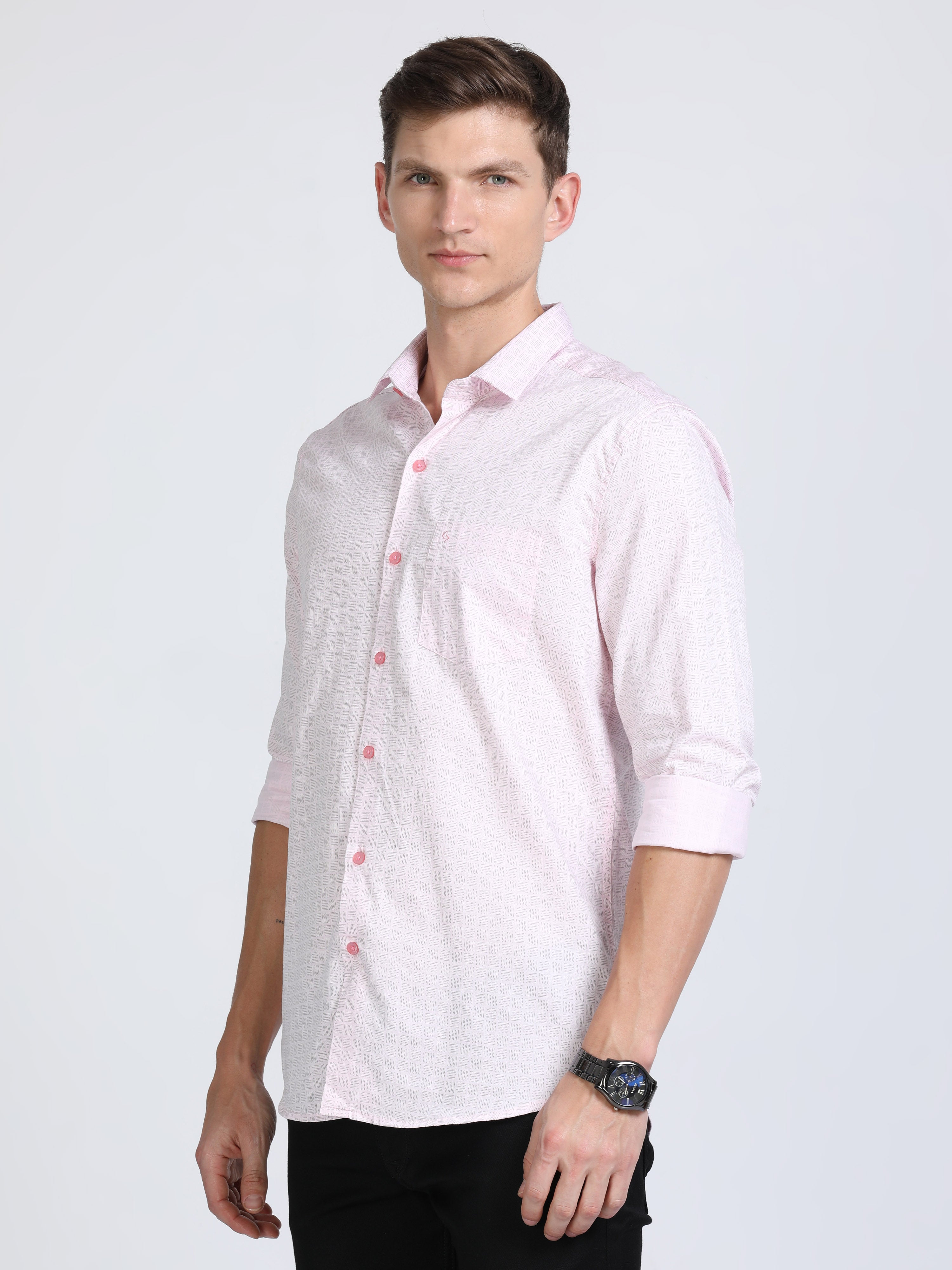 Classic Polo Mens Pure Cotton Full Sleeves Printed Slim Fit Polo Neck Pink Color Woven Shirt | So2-161 B-Fs-Prt-Sf