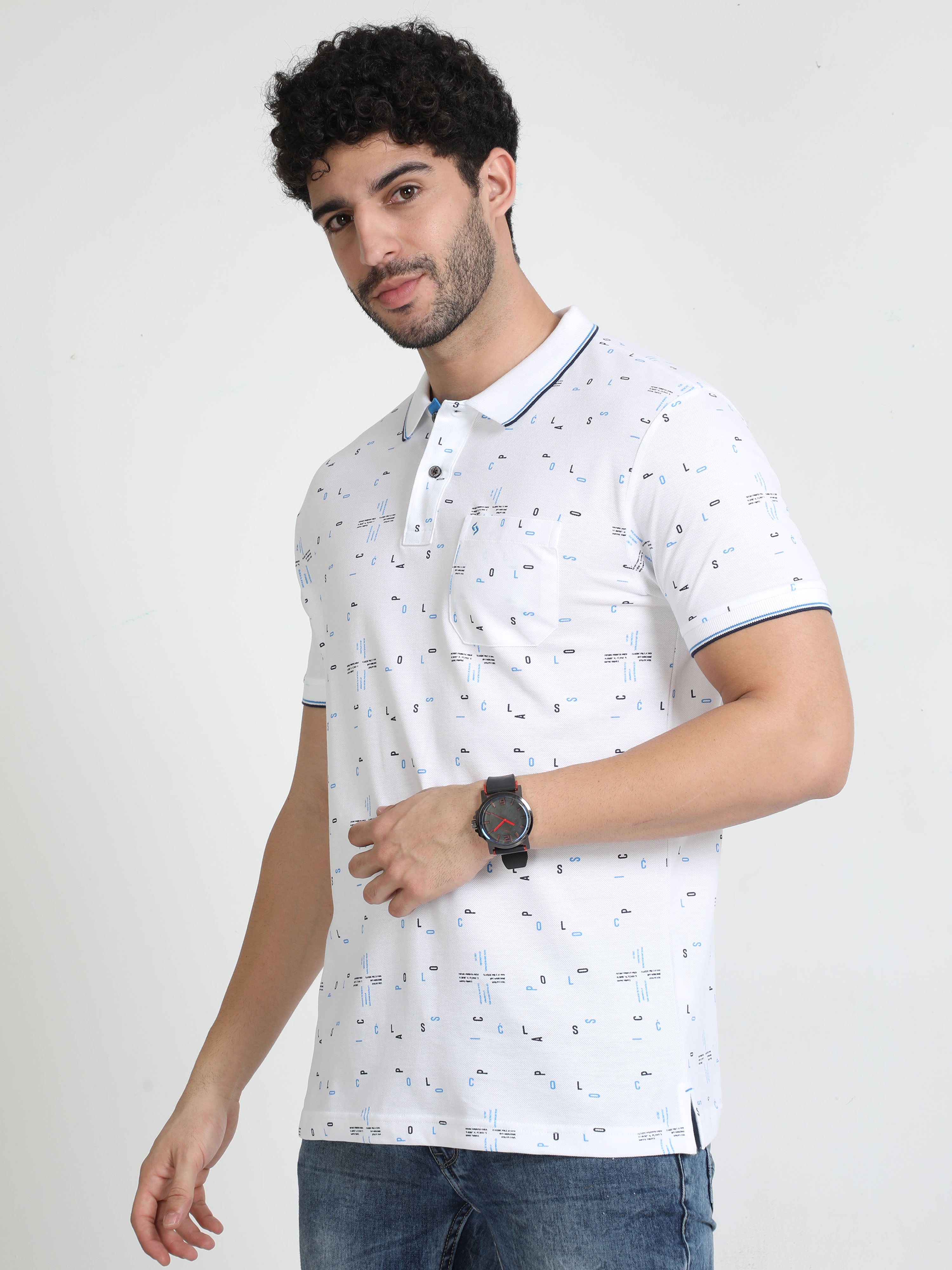 Classic Polo Mens Pure Cotton Half Sleeves Printed Slim Fit Polo Neck White Color T-Shirt | Beau - 212 A Sf P
