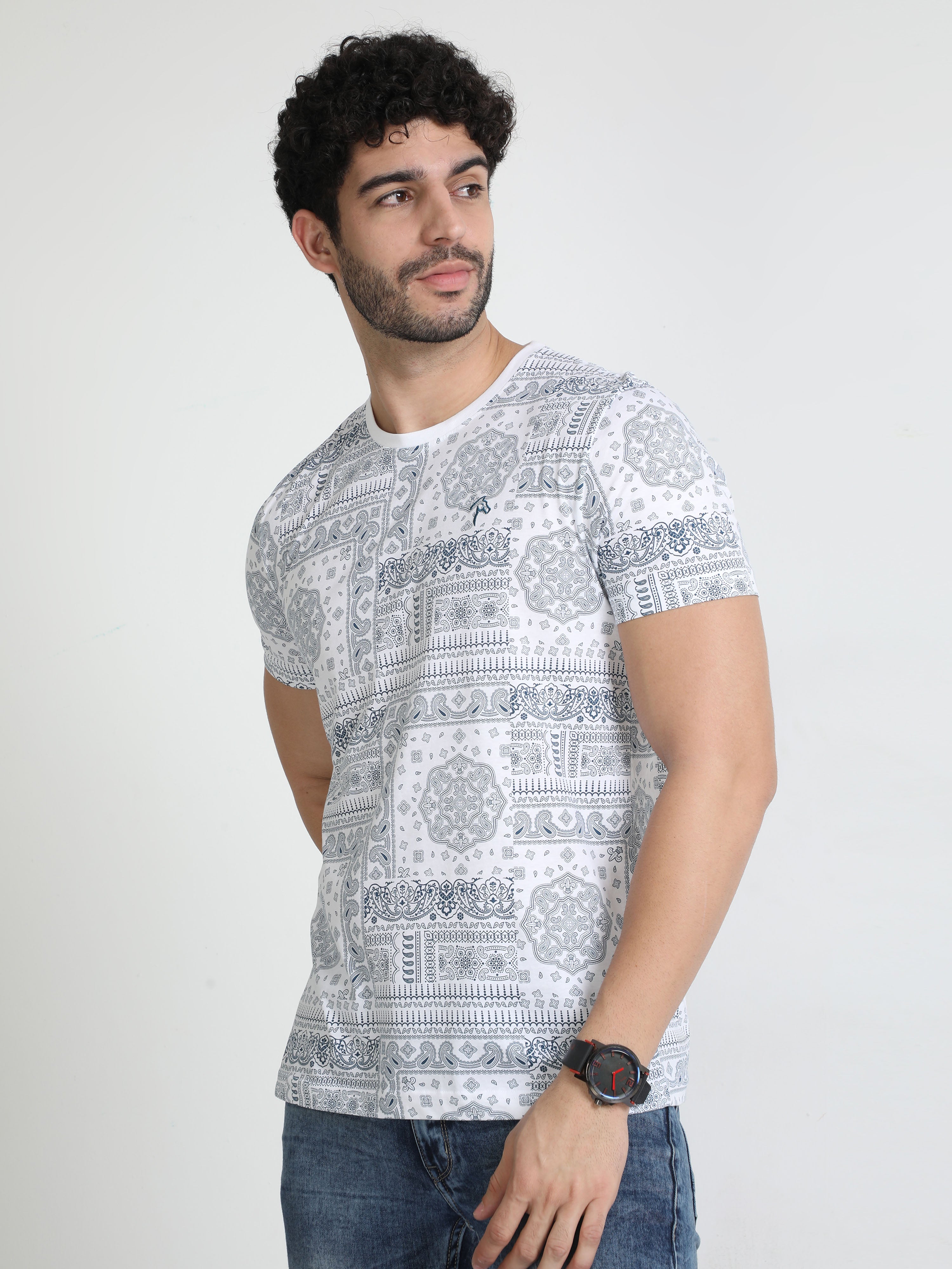 Classic Polo Mens Cotton Half Sleeves Floral Slim Fit Crew Neck White Color T-Shirt | Brcn - 554 A Sf C