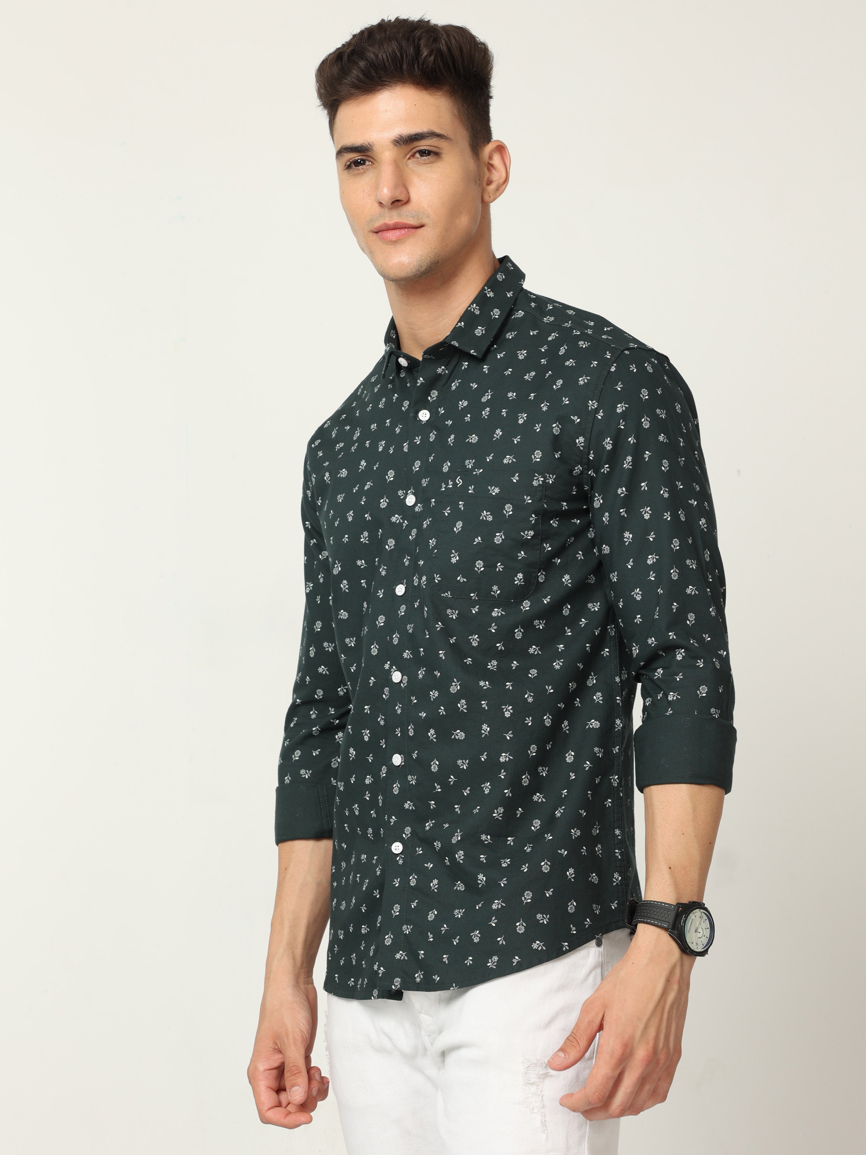 Classic Polo Mens Cotton Full Sleeve Printed Slim Fit Polo Neck Black Color Woven Shirt | SO1-172 A-FS-PRT