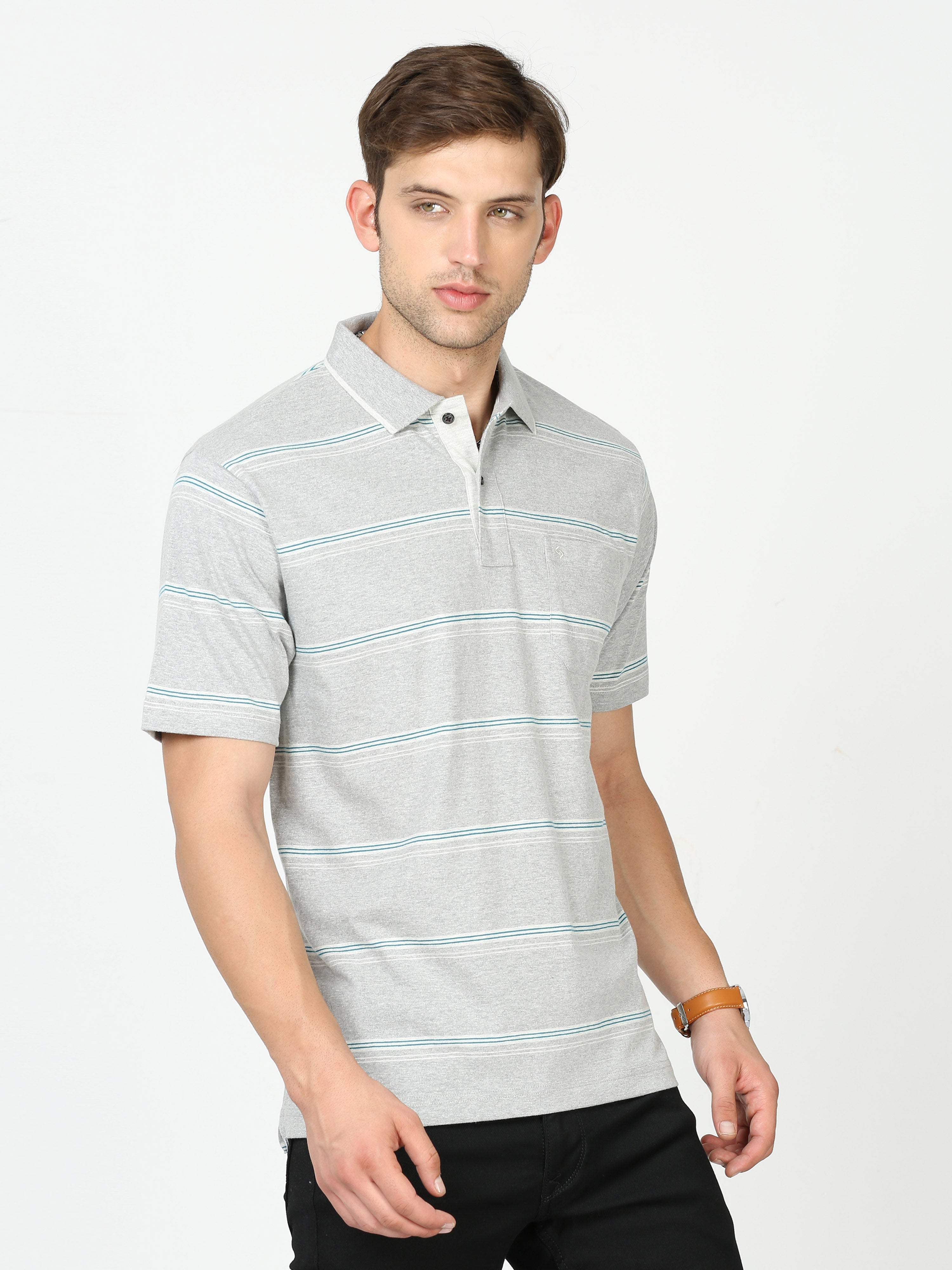 Classic Polo Mens Cotton Half Sleeves Striped Authentic Fit Polo Neck Grey Color T-Shirt | Mel - 238 B Af P