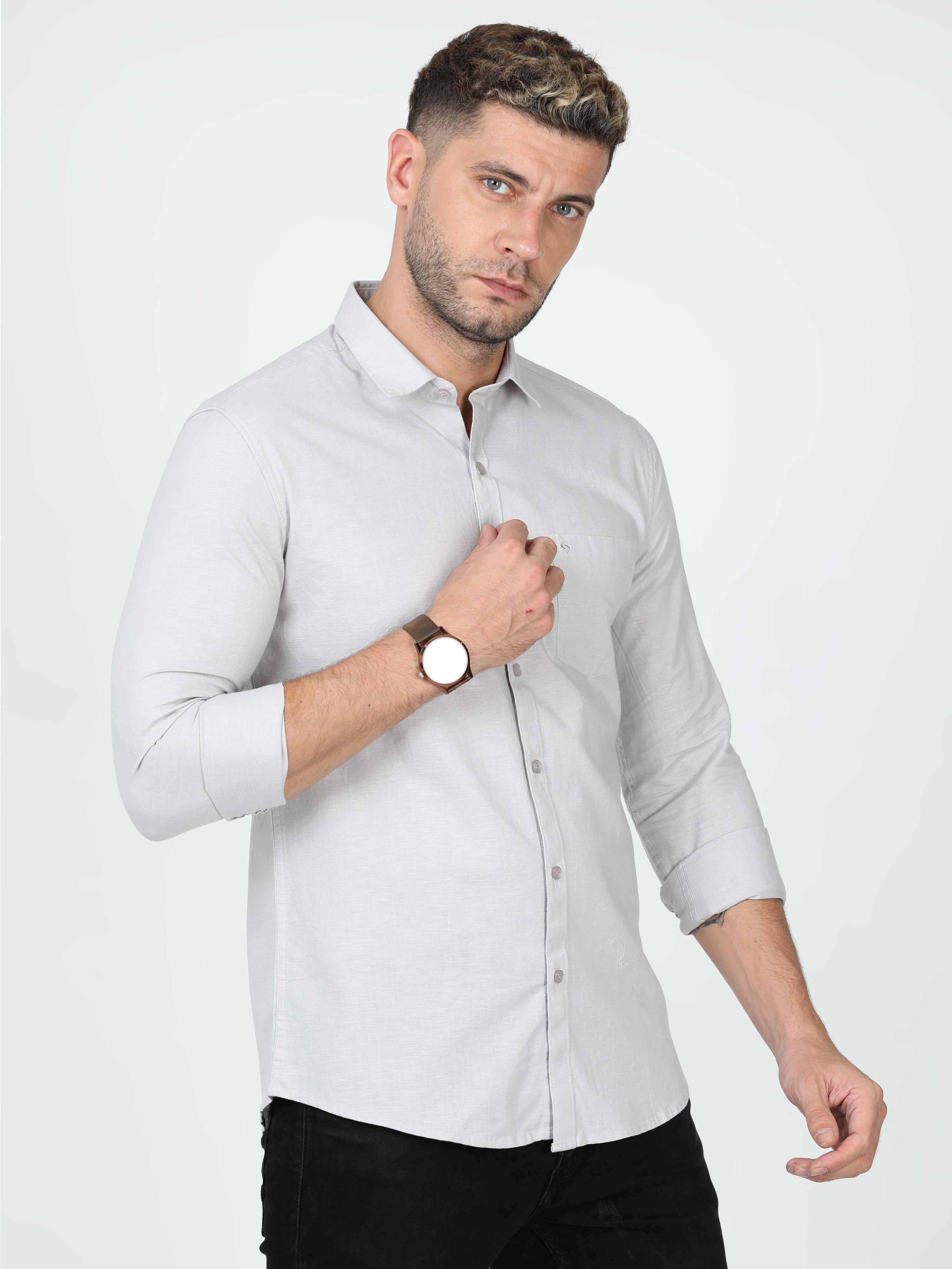 Classic Polo Mens Linen Cotton Full Sleeve Slim Fit Polo Neck Grey Color Woven Shirt | Linen - 26 A-FS-SLD-SF