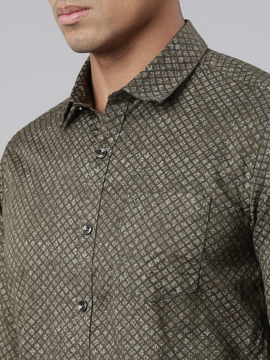 Classic Polo Men's Full Sleeve Olive Polo Neck Cotton Slim Fit Casual Shirt | SP2-149-PRT-SF FS