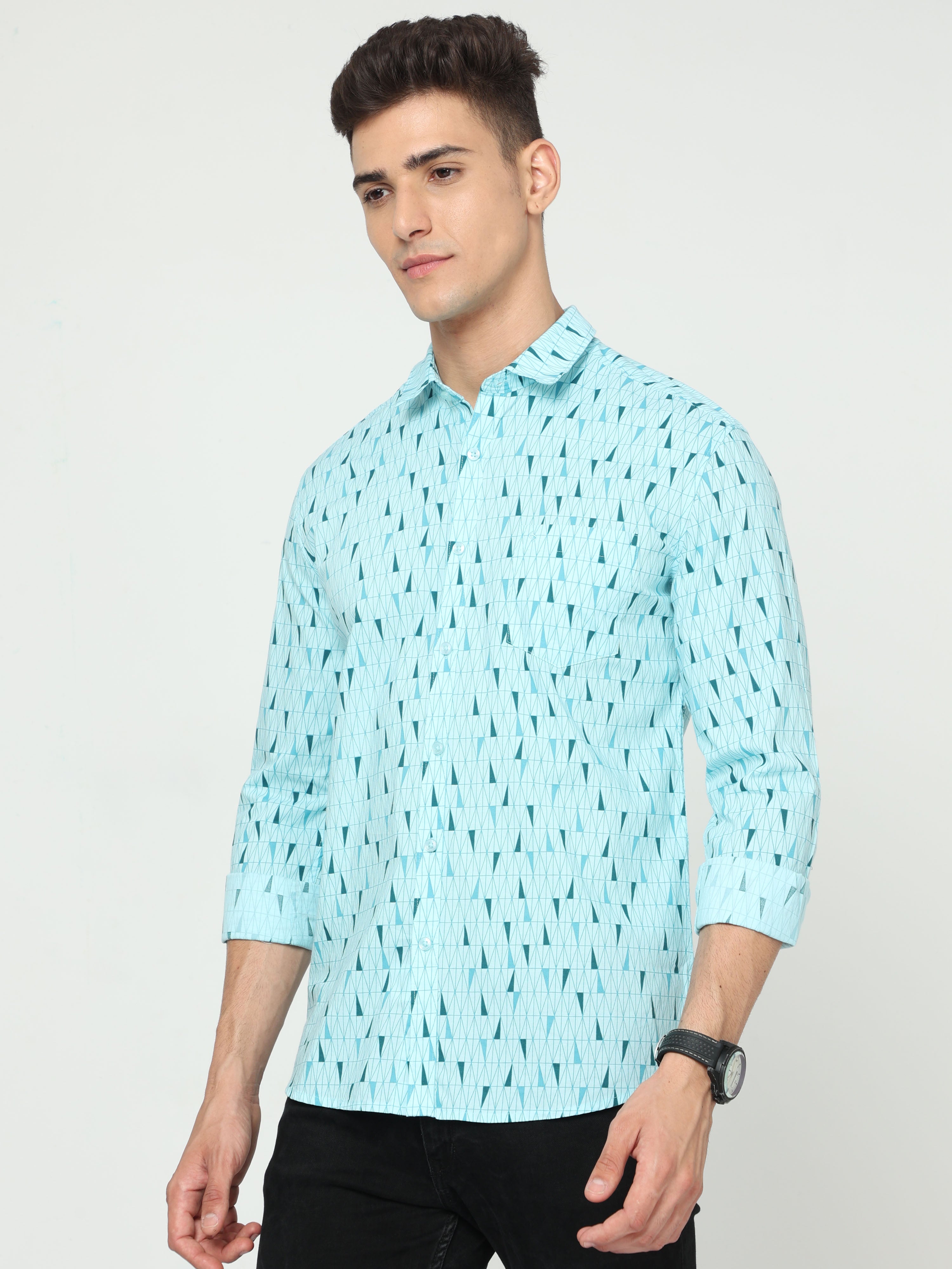 Classic Polo Mens Cotton Full Sleeve Printed Slim Fit Polo Neck Aqua Color Woven Shirt | SO1-150 B-FS-PRT