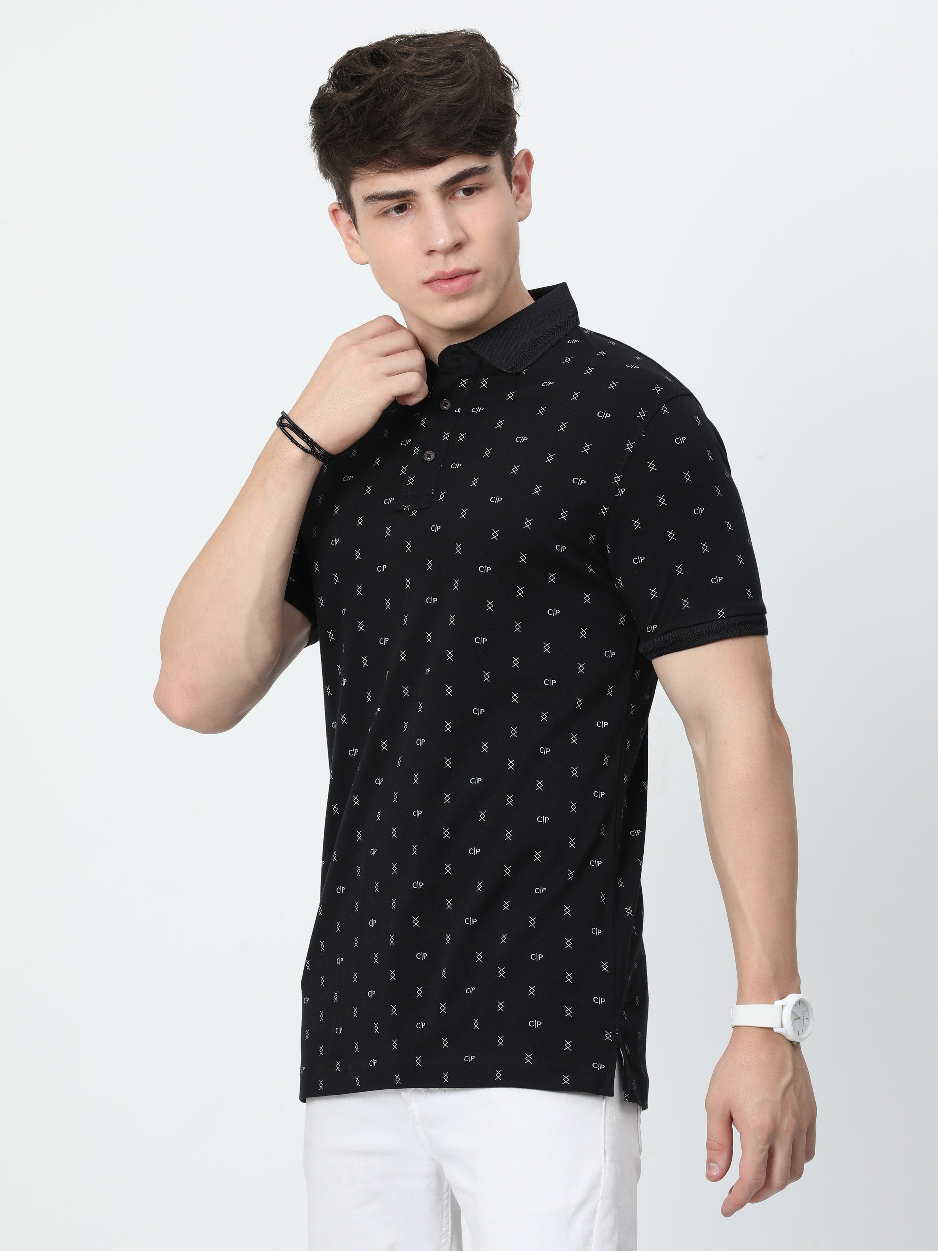 Classic Polo Mens Cotton Half Sleeves Printed Slim Fit Polo Neck Black Color T-Shirt | Prm - 788 A Sf P