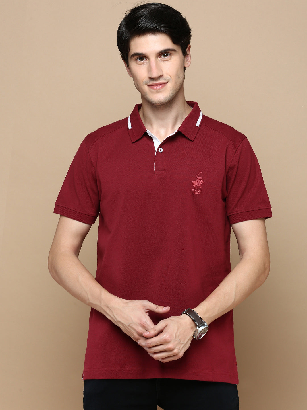 Classic Polo Men's Half Sleeve Maroon Polo Neck Slim Fit Solid T-Shirt | GENX-POLO 24 B SF P