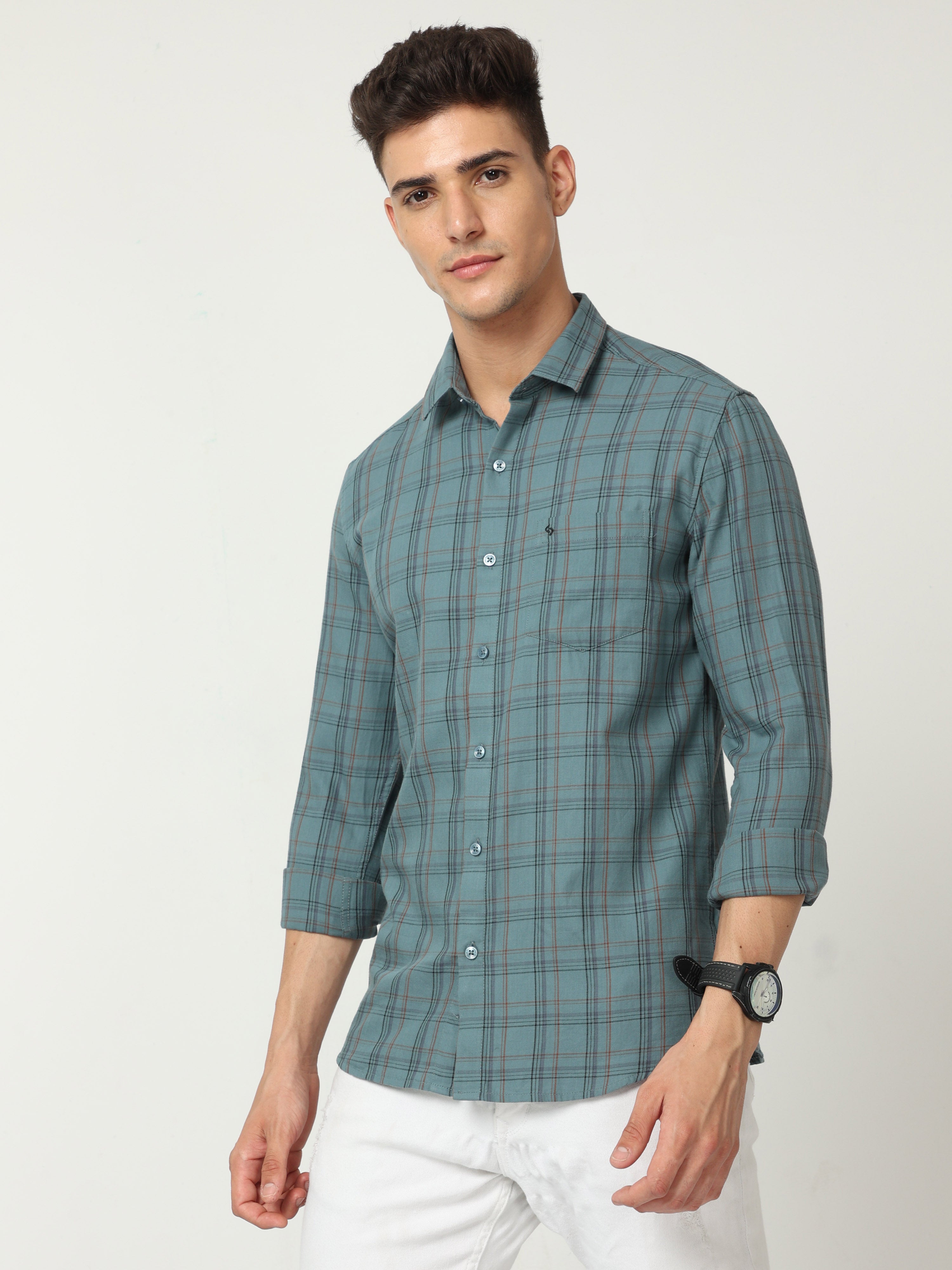 Classic Polo Men's Cotton Full Sleeve Checked Slim Fit Polo Neck Grey Color Woven Shirt | So1-96 C