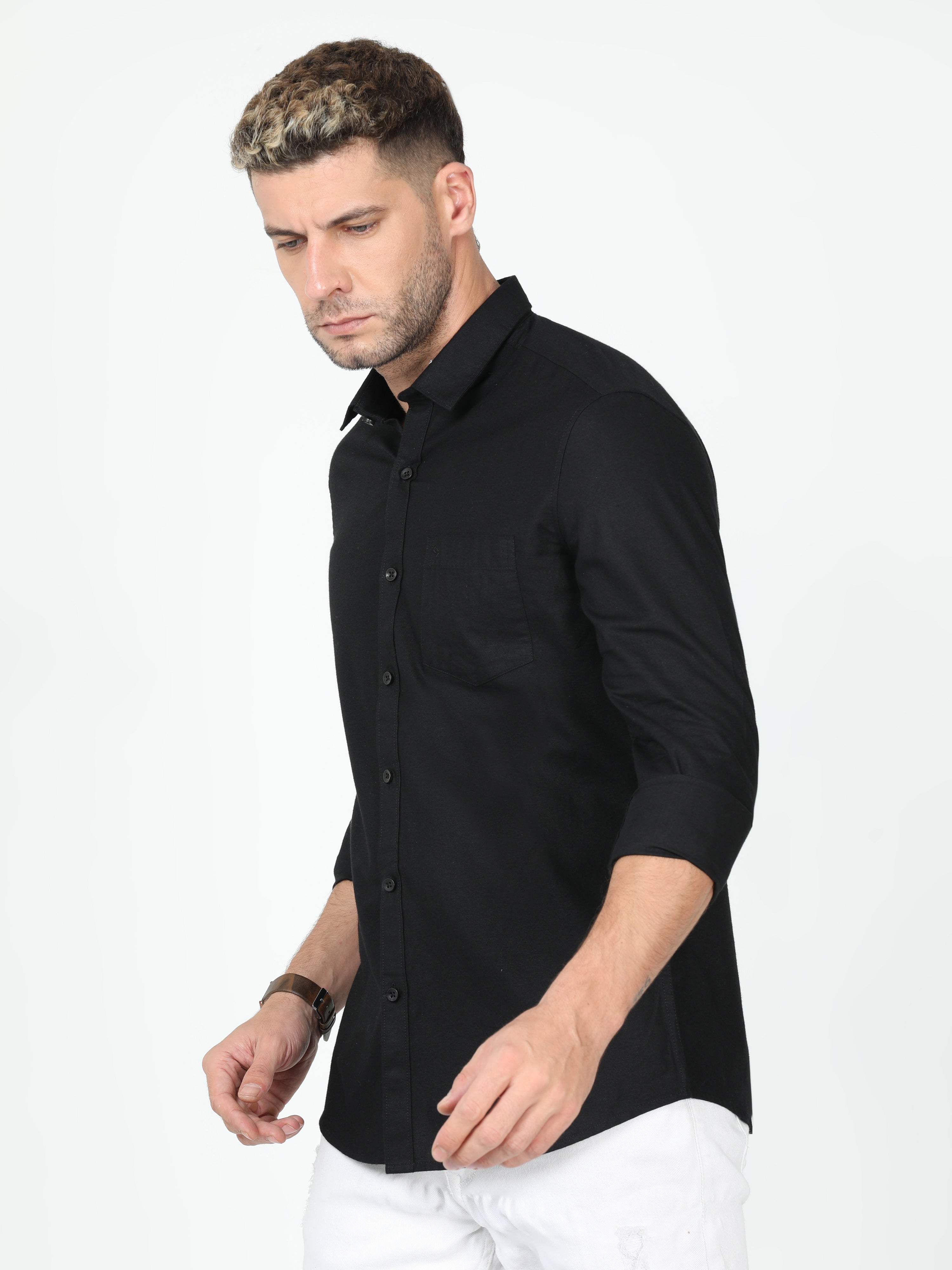 Classic Polo Mens Linen Cotton Full Sleeve Slim Fit Polo Neck Black Color Woven Shirt | Linen - 26 E-FS-SLD-SF