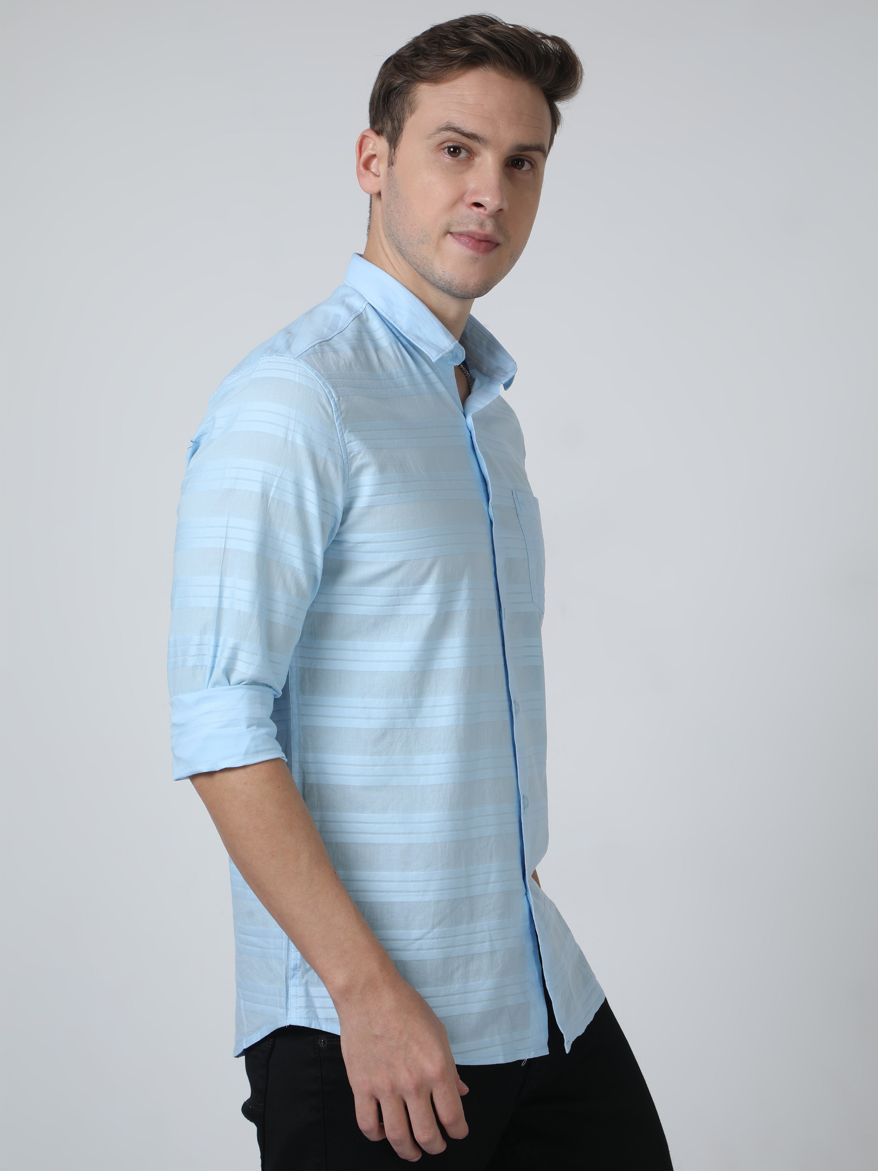 Classic Polo Mens Pure Cotton Full Sleeves Striped Slim Fit Polo Neck Light Blue Color Woven Shirt | So2-176 B-Fs-Sld-Sf