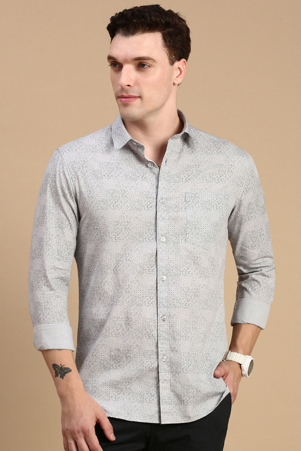 Classic Polo Men's Full Sleeve Grey Polo Neck Slim Fit All Over Print Shirt | SP2-CL-73 A-FS-PRT-SF