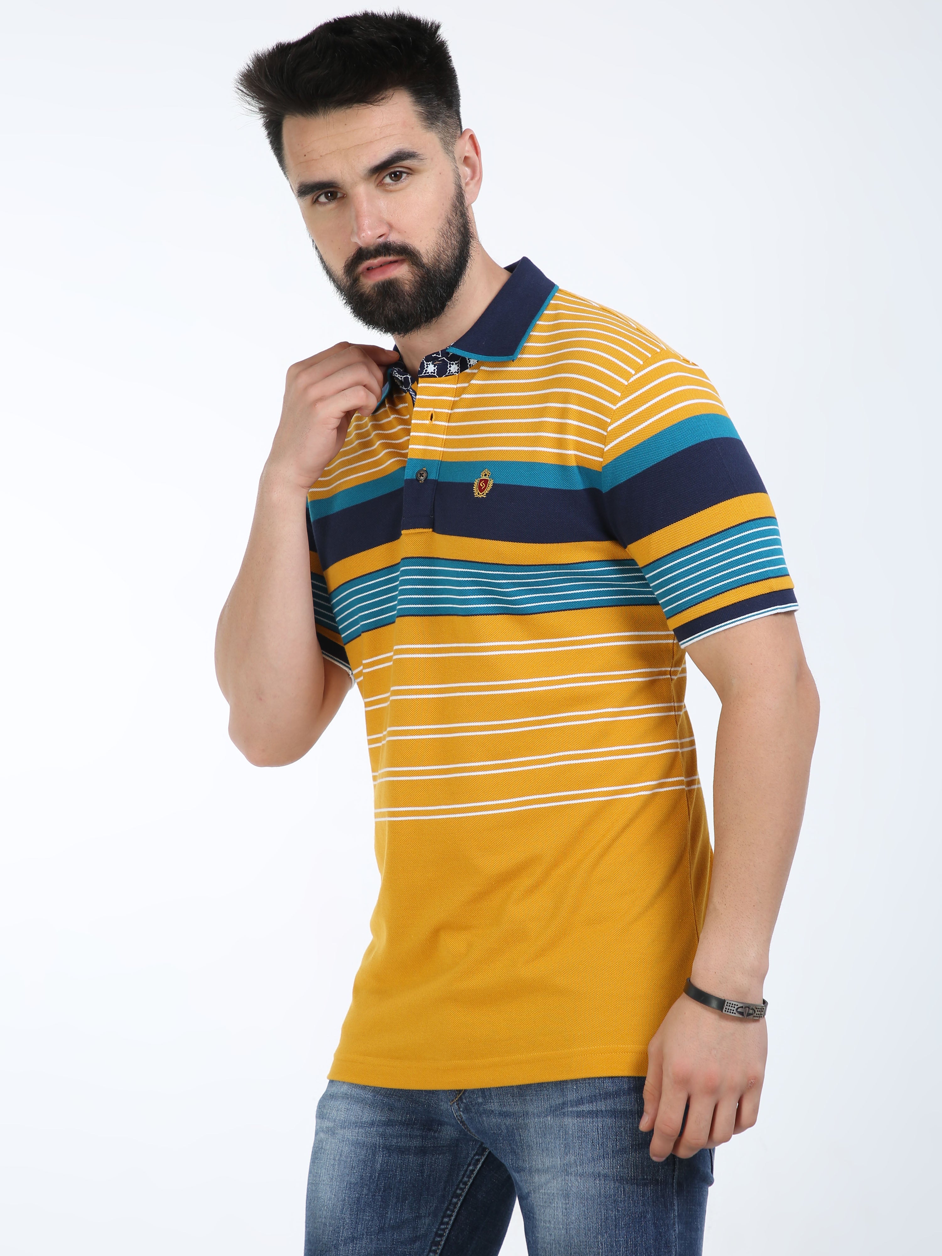 Classic Polo Mens Cotton Half Sleeves Striped Slim Fit Polo Neck Yellow Color T-Shirt | Vta - 244 B Sf P