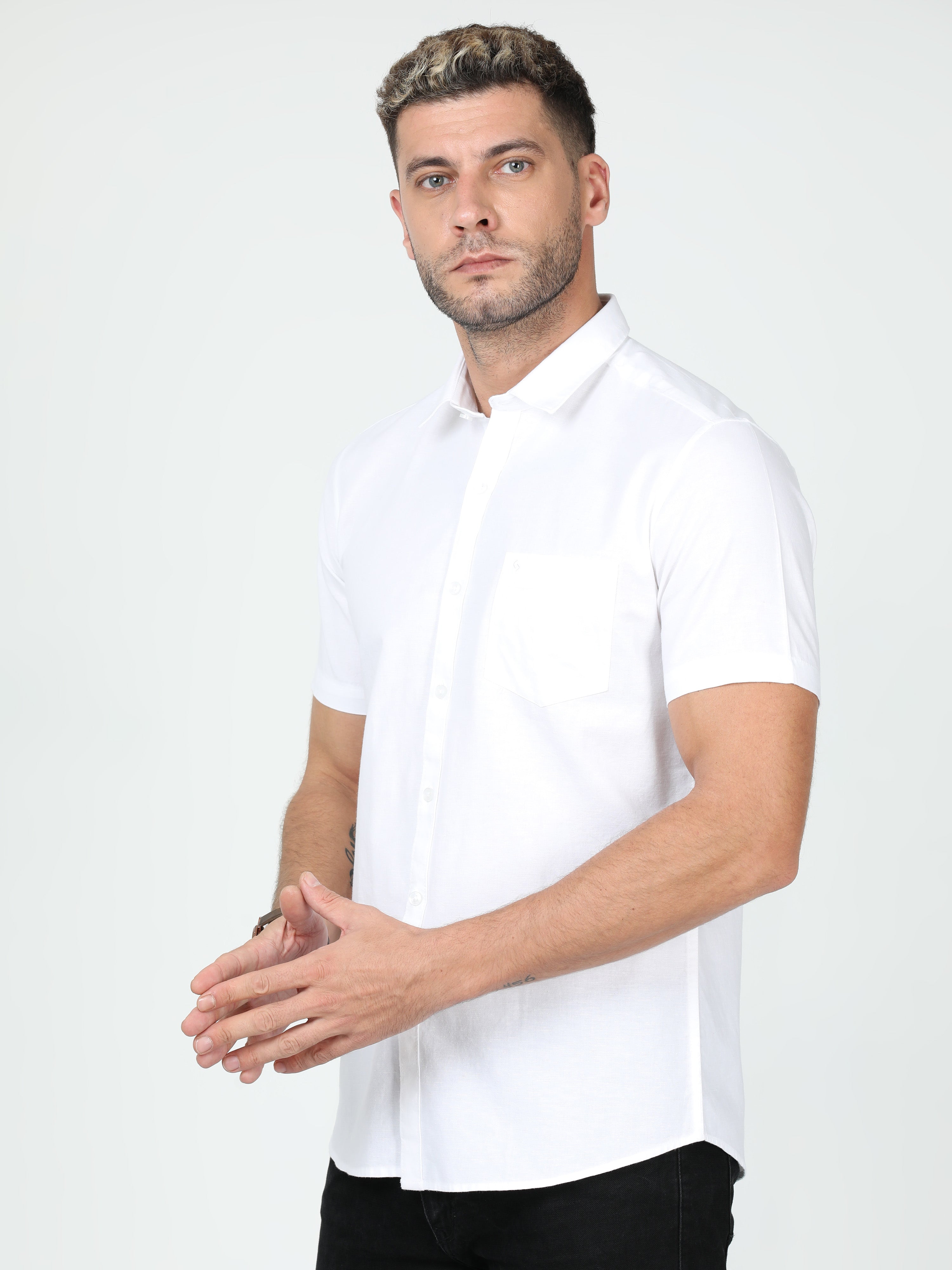 Classic Polo Mens Linen Cotton Half Sleeve Slim Fit Polo Neck White Color Woven Shirt | Linen - 12 A-HS-SLD-SF