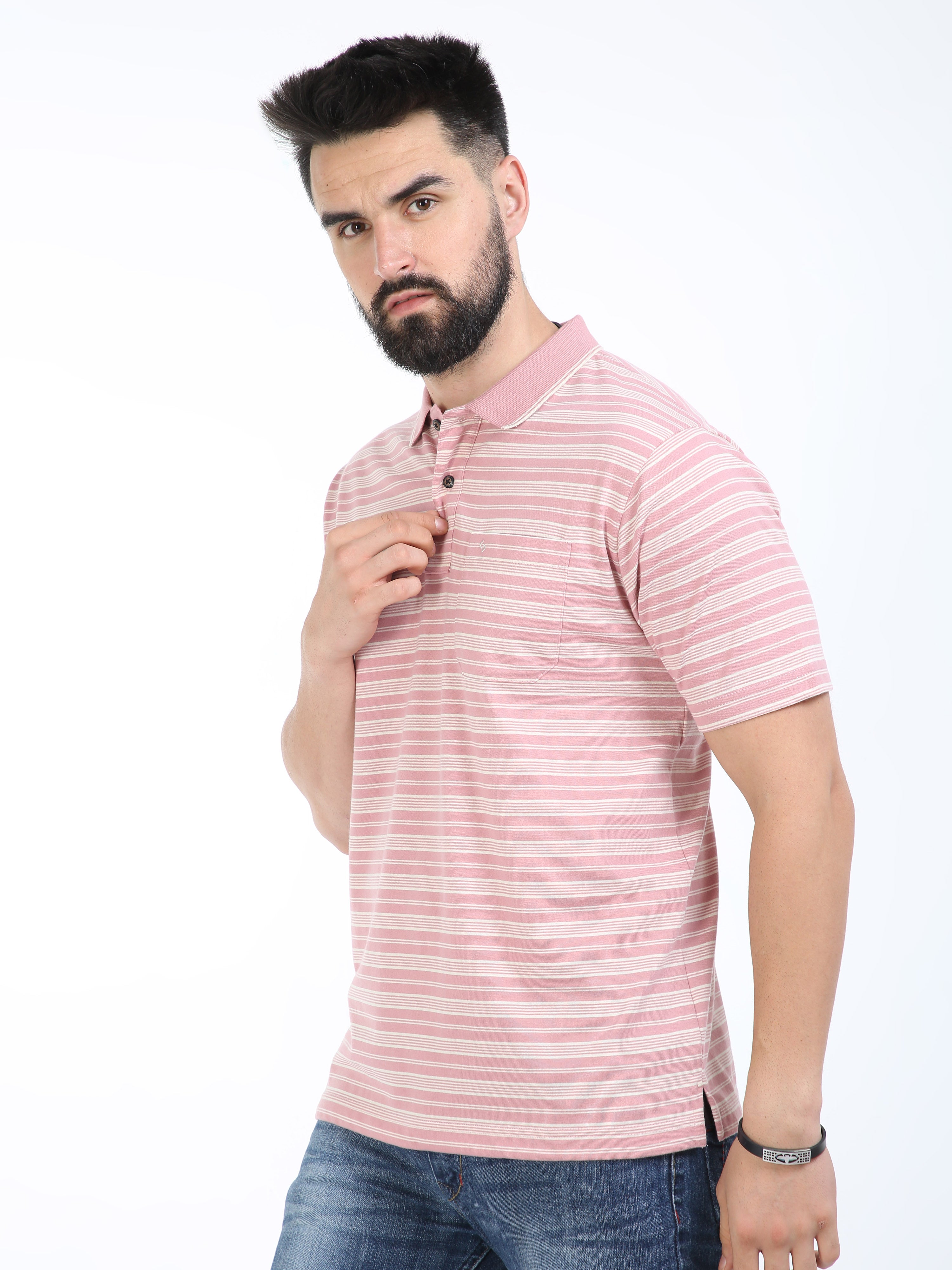 Classic Polo Mens Cotton Half Sleeves Striped Authentic Fit Polo Neck Peach Color T-Shirt | Feeders-234 B Af P