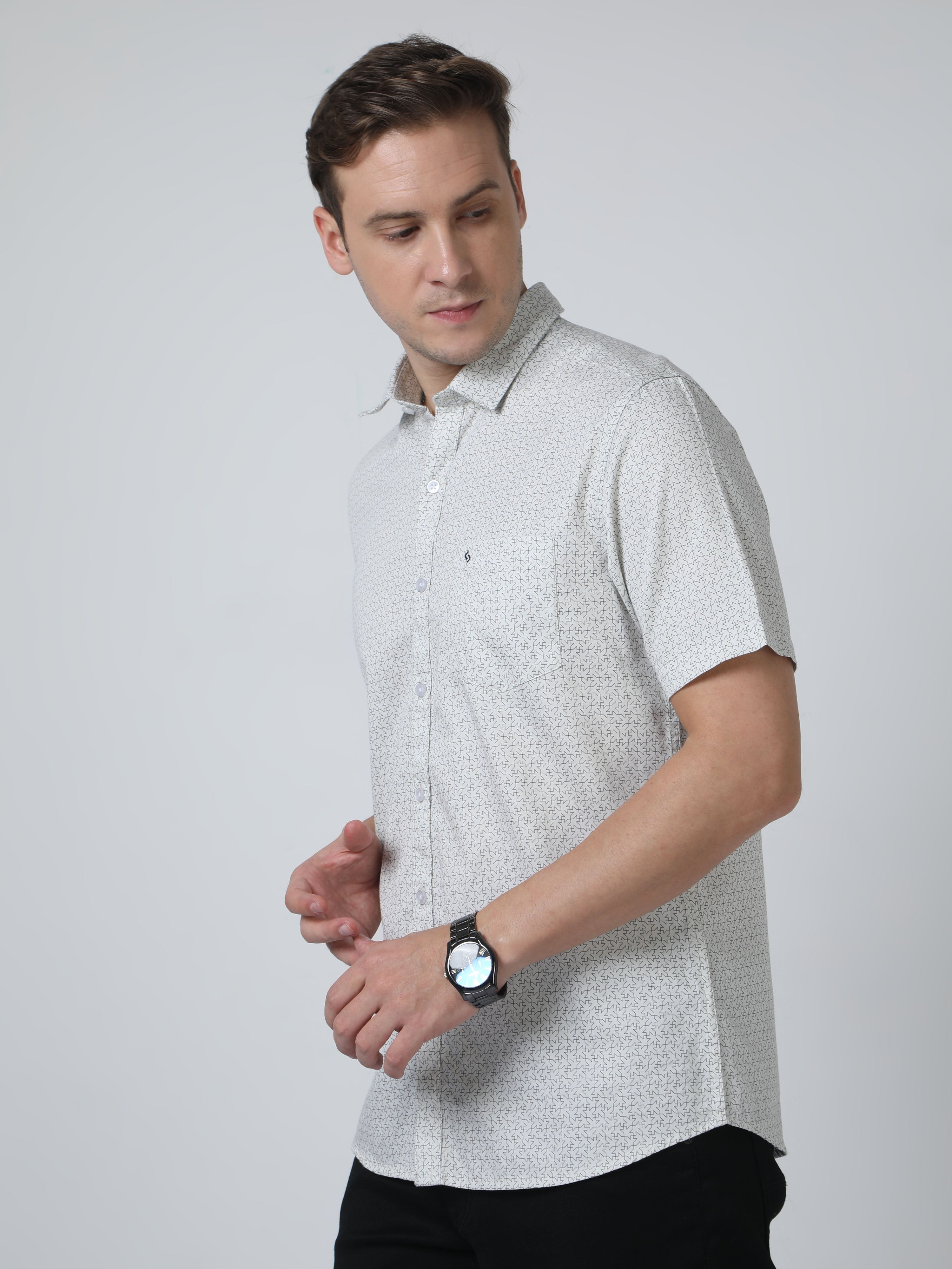 Classic Polo Mens Pure Cotton Half Sleeves Printed Slim Fit Polo Neck Cream Color Woven Shirt | So2-06 B-Hs-Prt-Sf