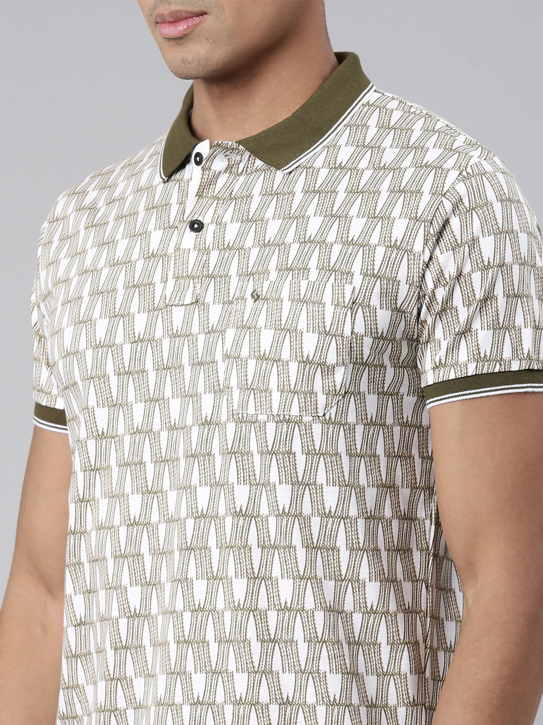 Classic Polo Men's Half Sleeve Olive/White Polo Neck Cotton Blend Slim Fit T-Shirt | BELLO - 304 B SF P