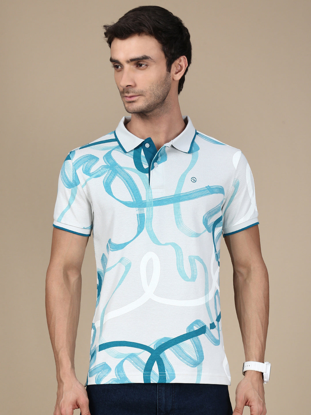 Classic Polo Men's Half Sleeve White/Blue Polo Neck Slim Fit All Over Print T-Shirt||GEN-X-POLO 32 A SF P