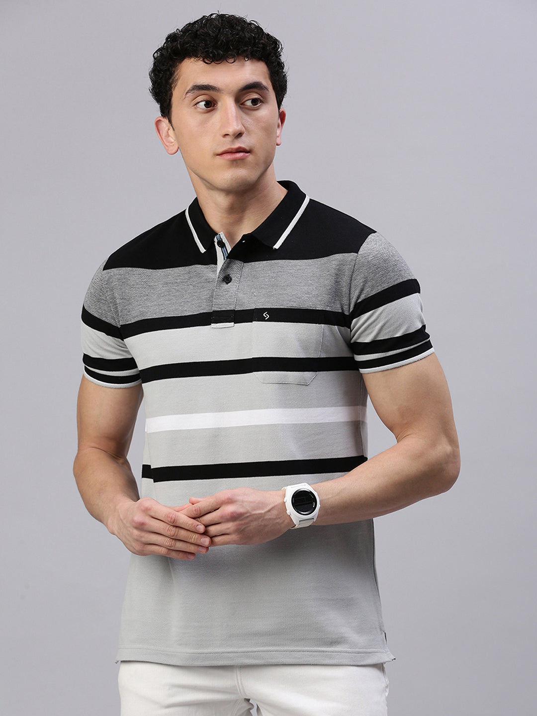 Classic Polo Men's Half Sleeve Grey/Black Polo Neck Slim Fit Striped T-Shirt||VTA - 293 A SF P
