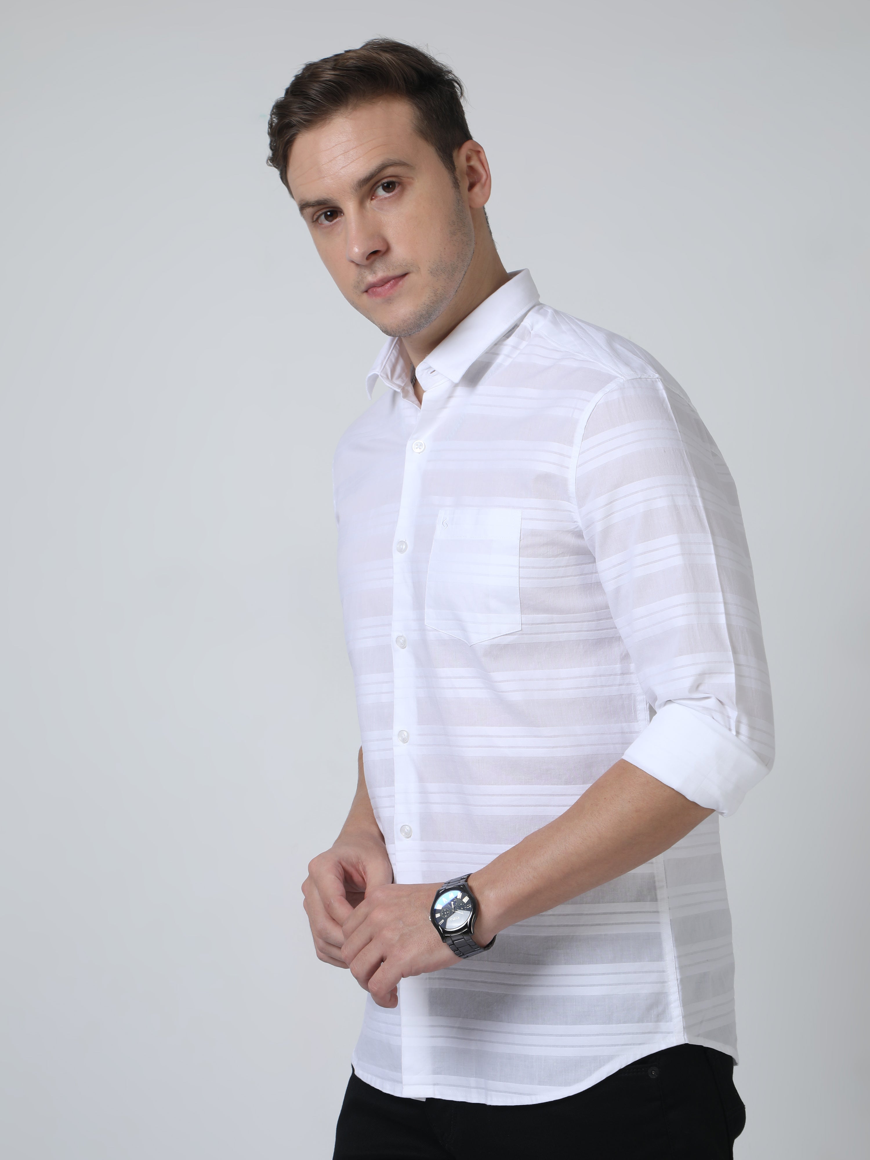 Classic Polo Mens Pure Cotton Full Sleeves Striped Slim Fit Polo Neck Light Pink Color Woven Shirt | So2-176 A-Fs-Sld-Sf
