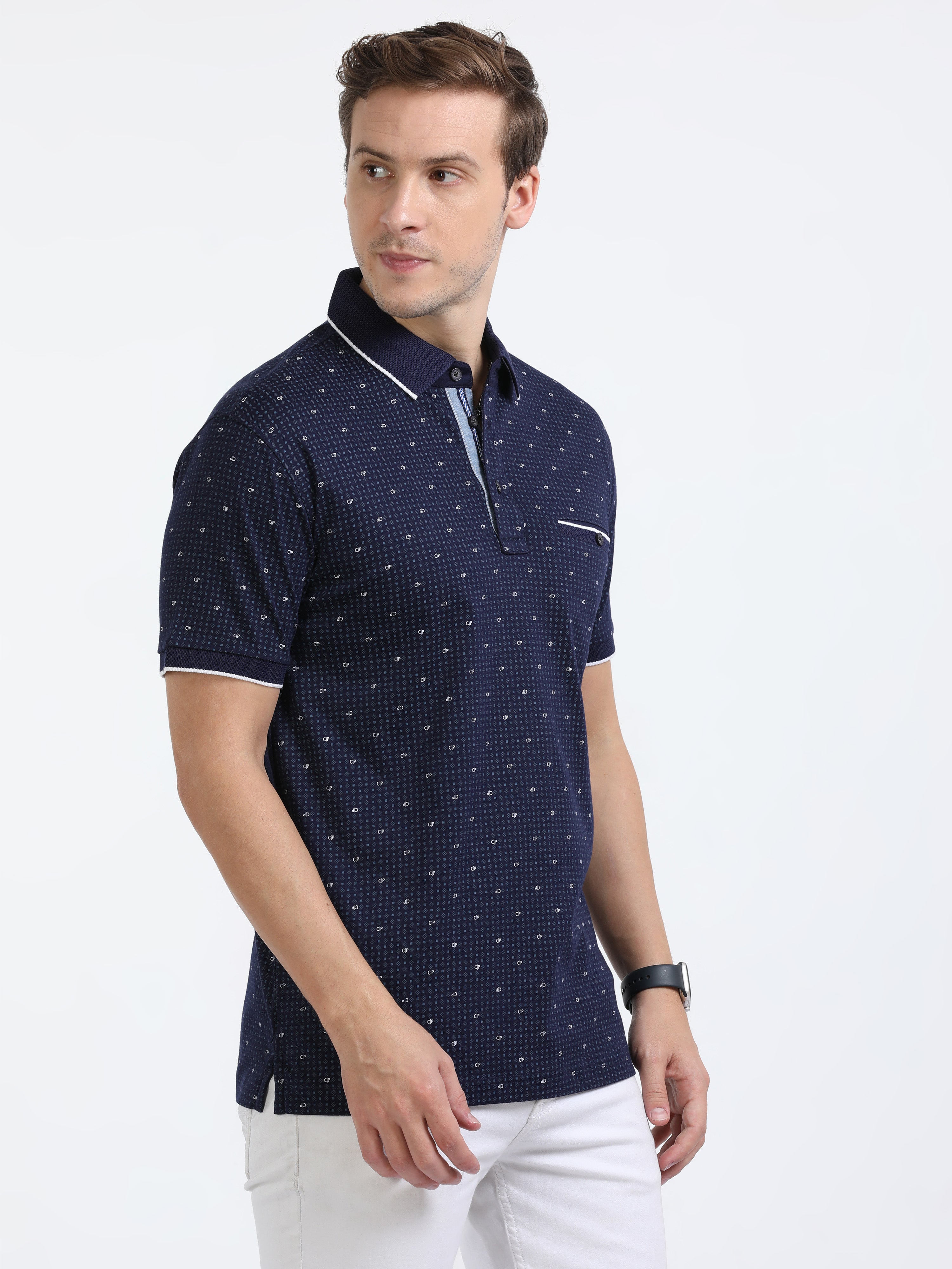 Classic Polo Mens Cotton Half Sleeves Printed Slim Fit Polo Neck Navy Color T-Shirt | Prm - 787 A Sf P