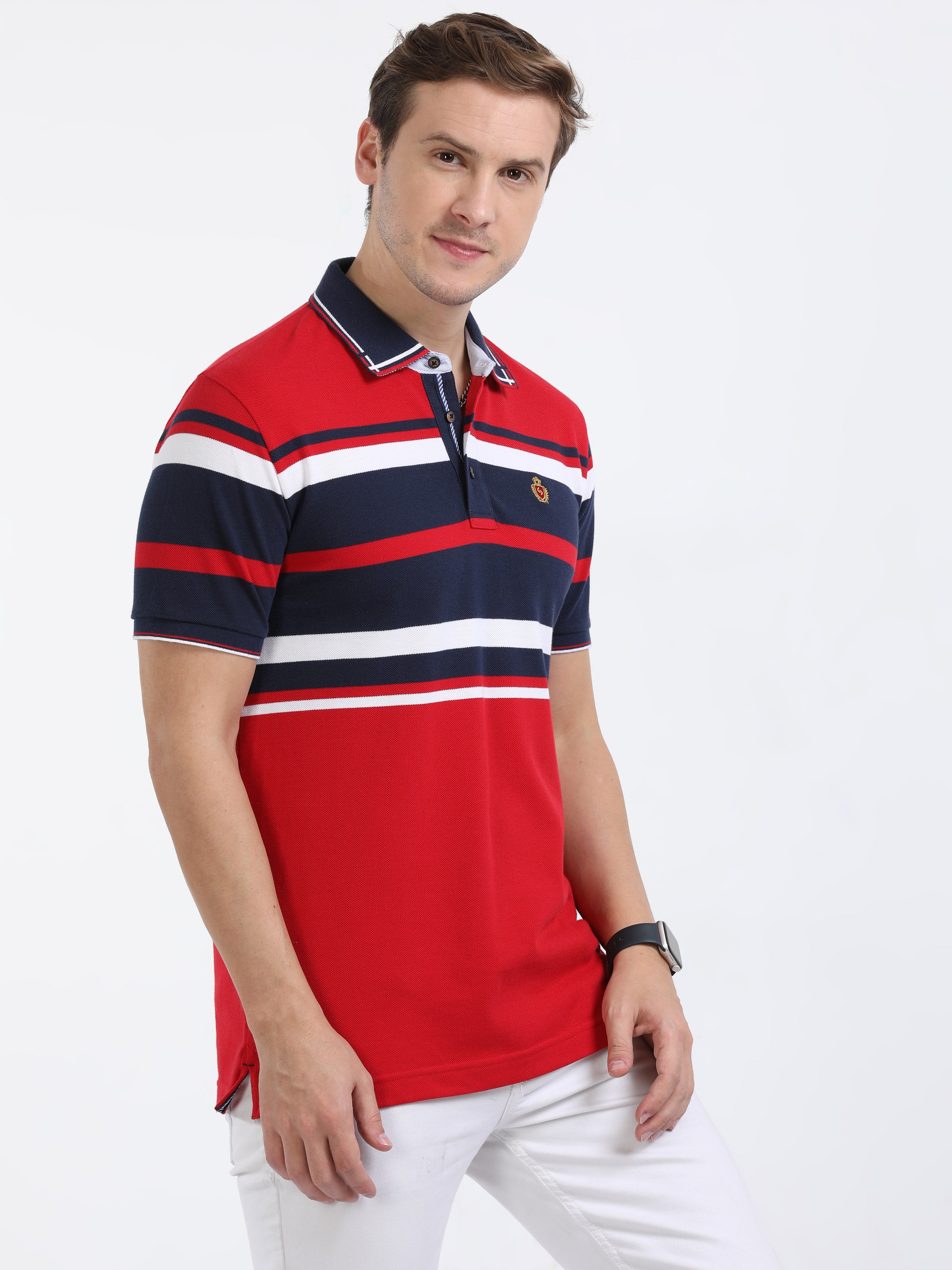 Classic Polo Mens Cotton Half Sleeves Color Blocked Slim Fit Polo Neck Red Color T-Shirt | Vta - 241 B Sf P
