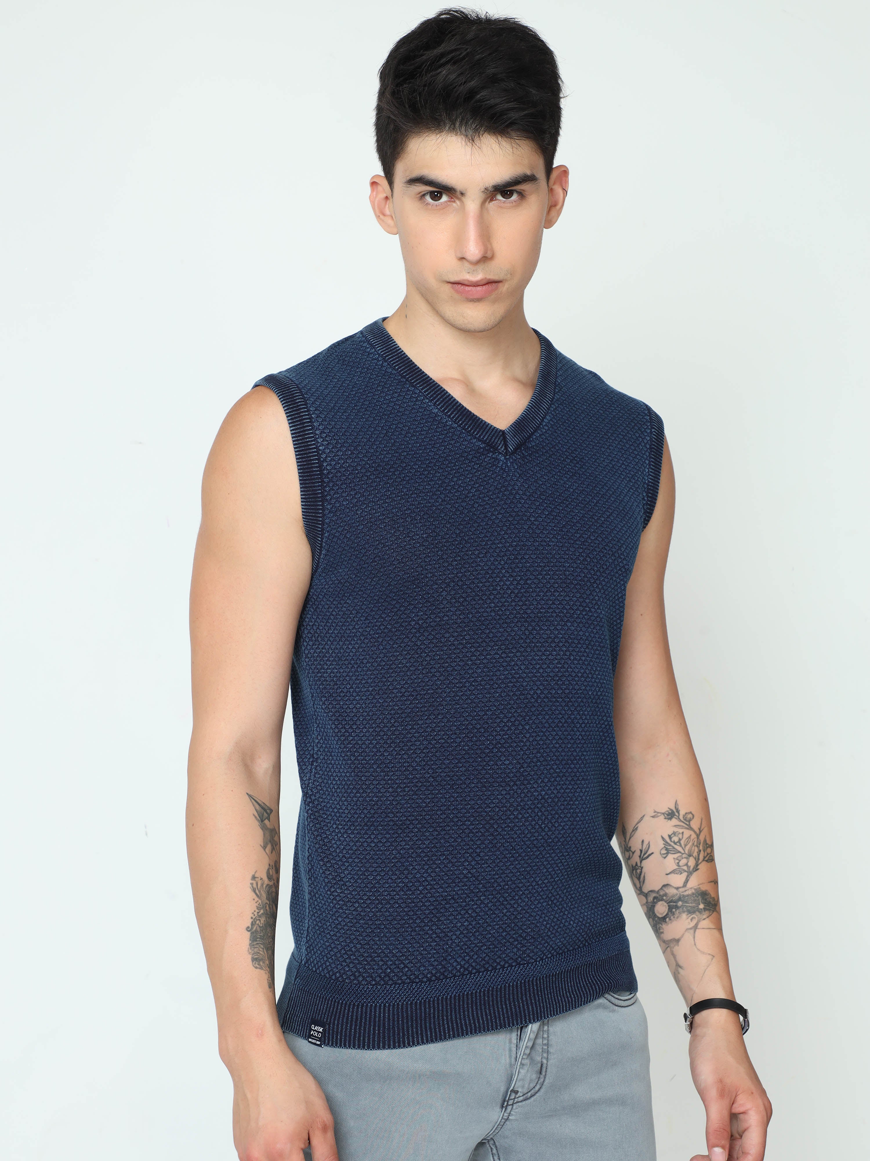 Classic Polo Mens 100% Cotton Navy Solid V Neck Sleeveless Slim Fit Sweater |Cp-Swt-06