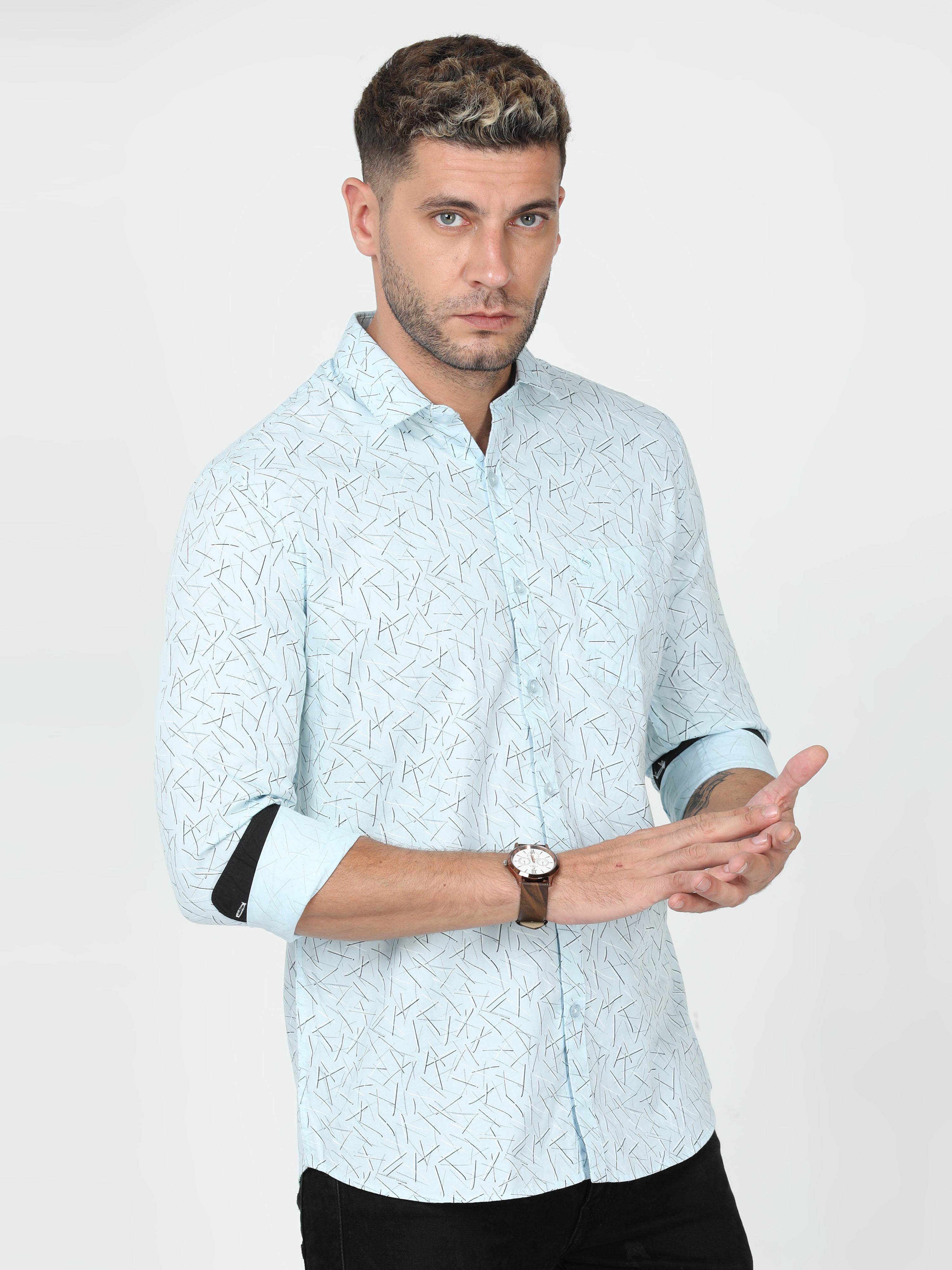 Classic Polo Mens Cotton Full Sleeve Slim Fit Polo Neck Blue Color Woven Shirt | So1-03 A-FS-PRT-SF