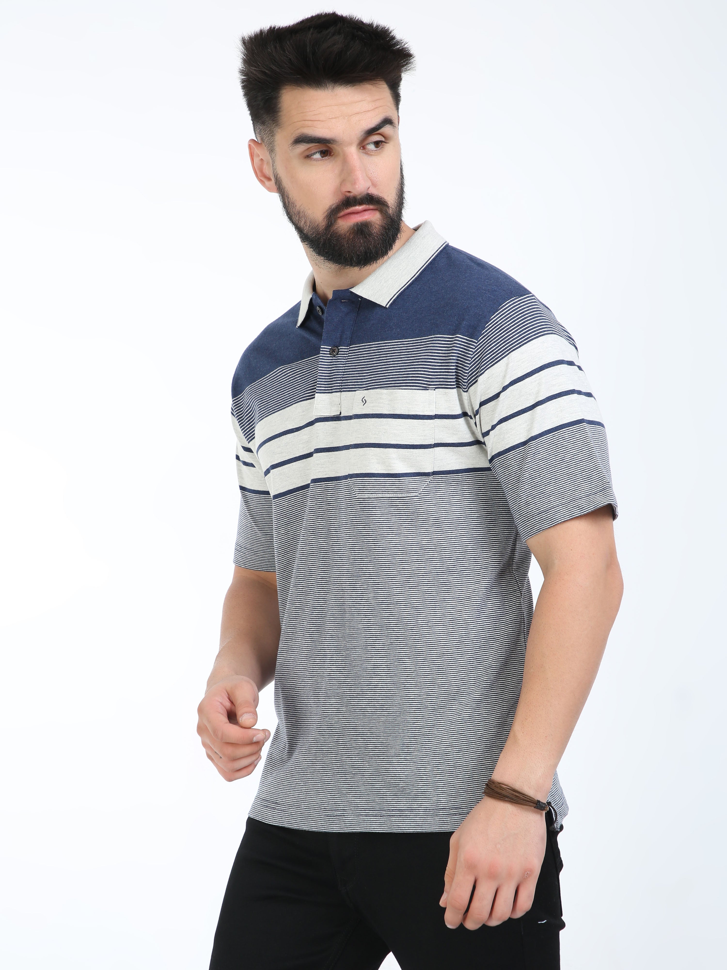 Classic Polo Mens Cotton Half Sleeves Striped Authentic Fit Polo Neck Navy Color T-Shirt | Mel - 242 A Af P