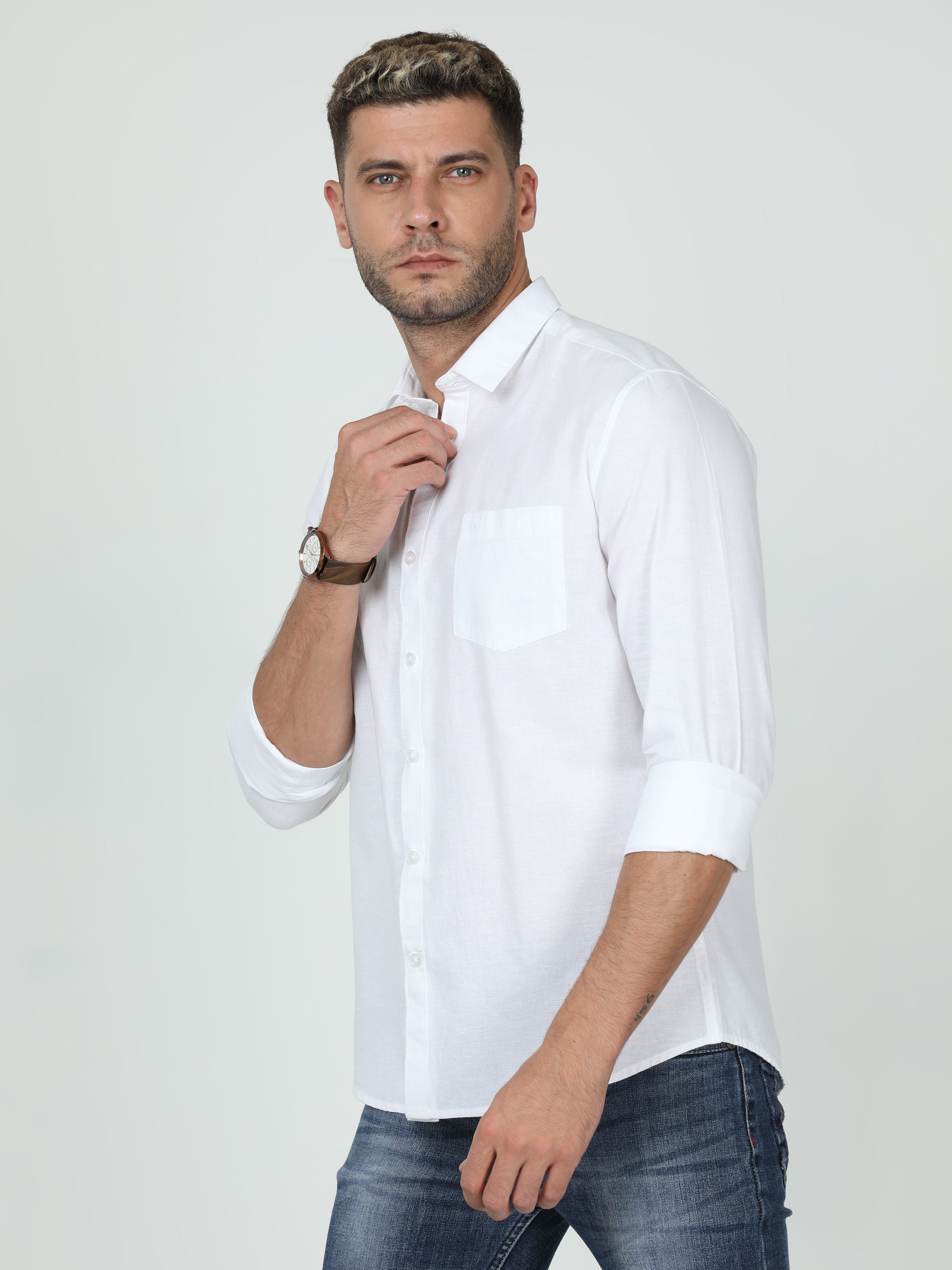 Classic Polo Mens Linen Cotton Full Sleeve Slim Fit Polo Neck White Color Woven Shirt | Linen - 12 A-FS-SLD-SF