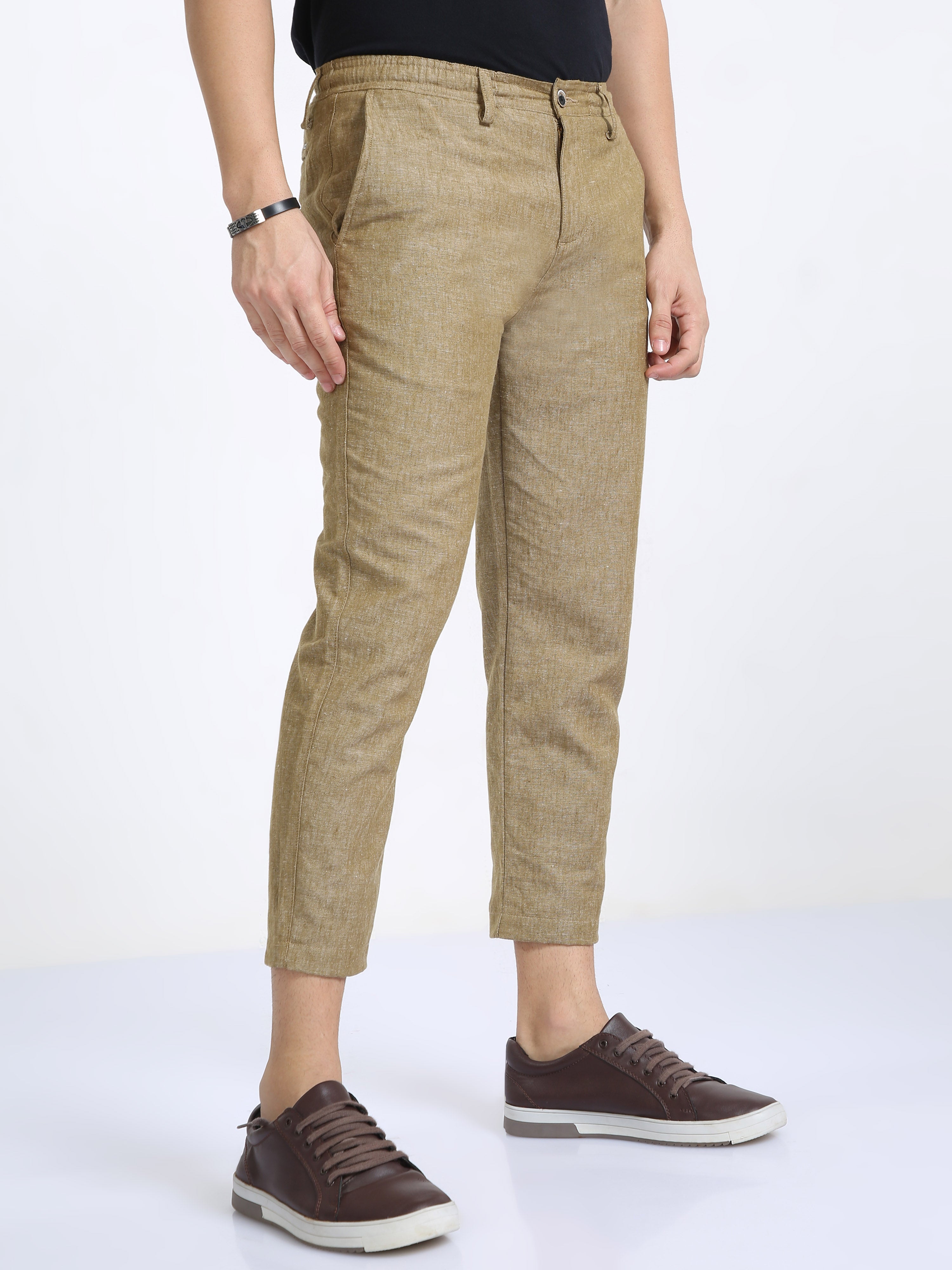 Classic Polo Mens Ankle Fit Solid Khakhi Melange Color Trousers | To2-29 B-Brn-Al-Ly