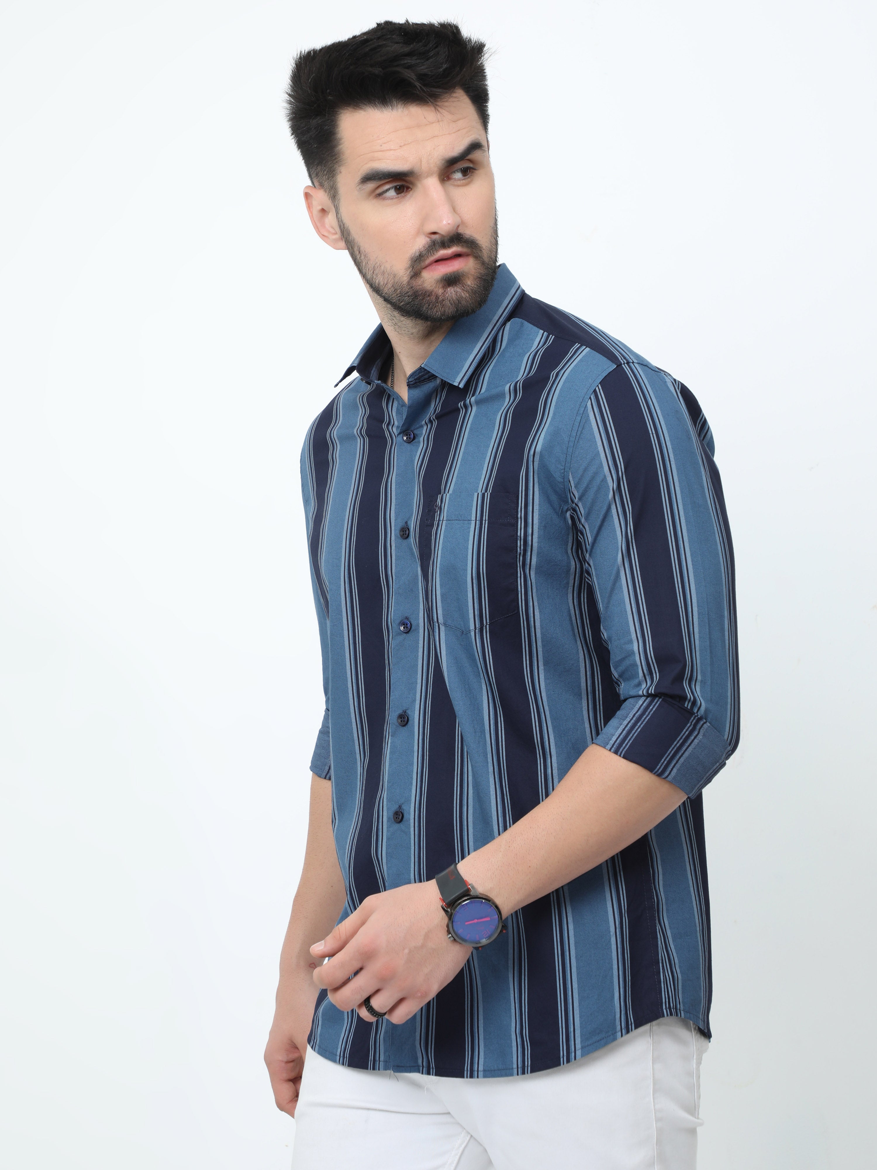 Classic Polo Mens Pure Cotton Full Sleeves Striped Slim Fit Polo Neck Blue Color Woven Shirt | So2-178 A-Fs-Str-Sf