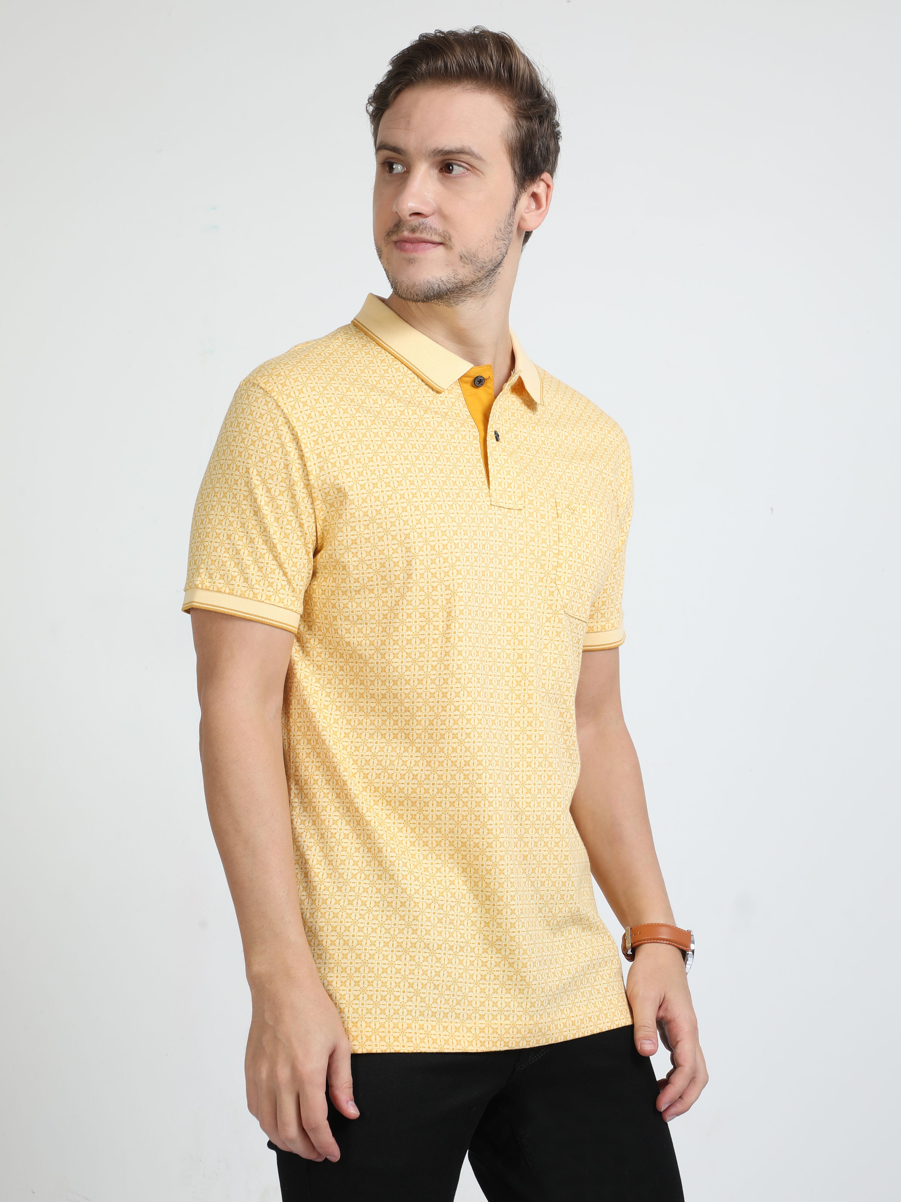 Classic Polo Mens Pure Cotton Half Sleeves Printed Slim Fit Polo Neck Yellow Color T-Shirt | Bello - 219 A Sf P