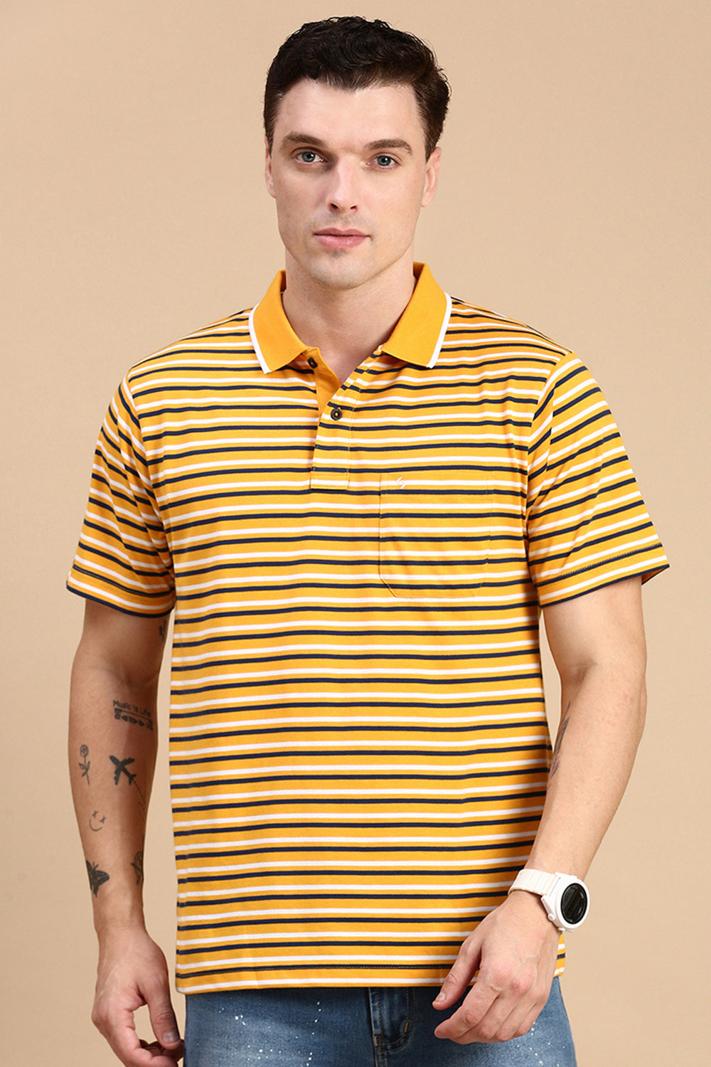 Classic Polo Men's Half Sleeve Yellow/Navy Polo Neck Authentic Fit Striped T-Shirt | FEEDERS - 259 B AF P