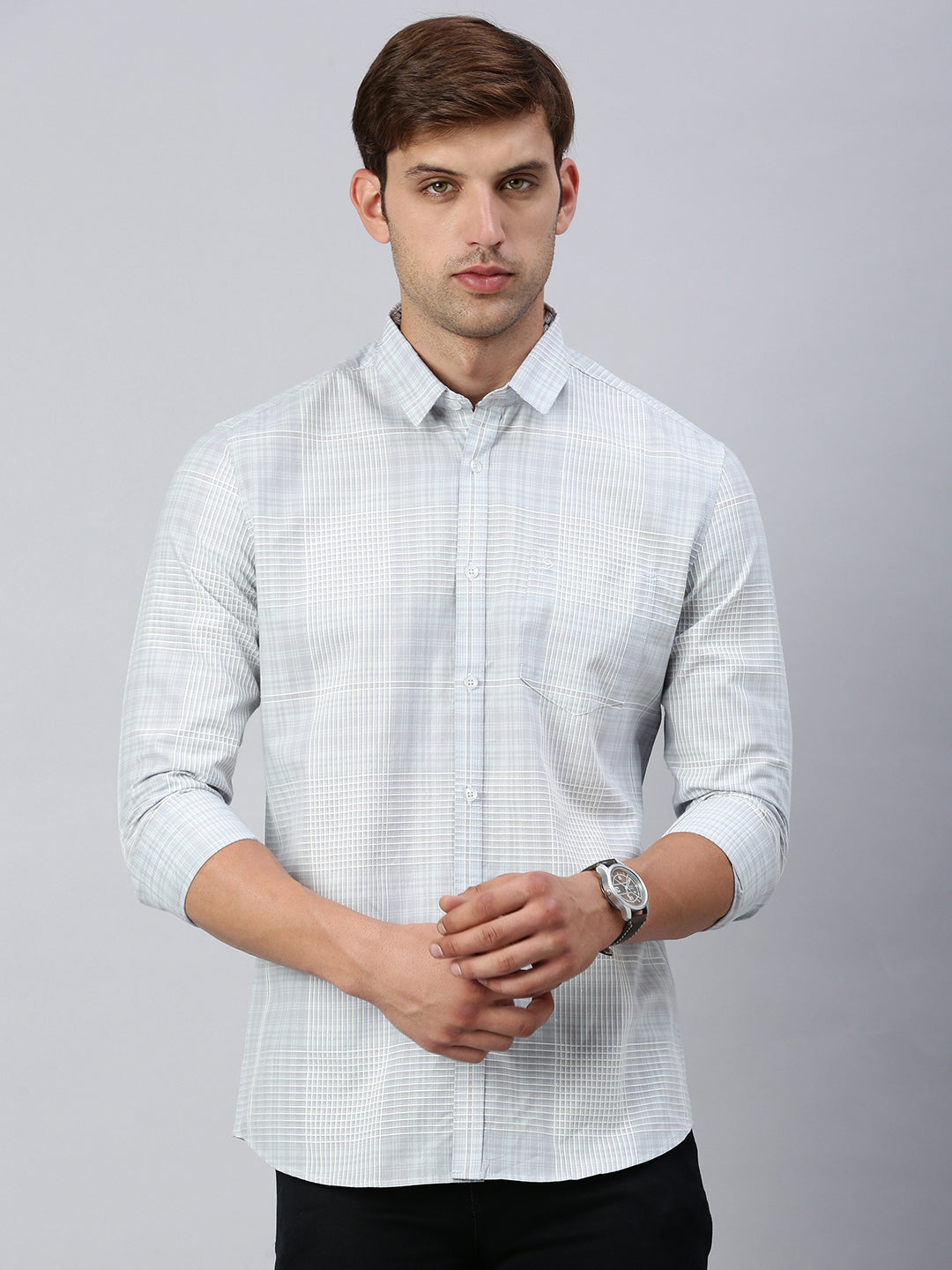 Classic Polo Men's Full Sleeve Grey Polo Neck Slim Fit Checked Shirt | SP2-CL-01 A-FS-CHK-SF