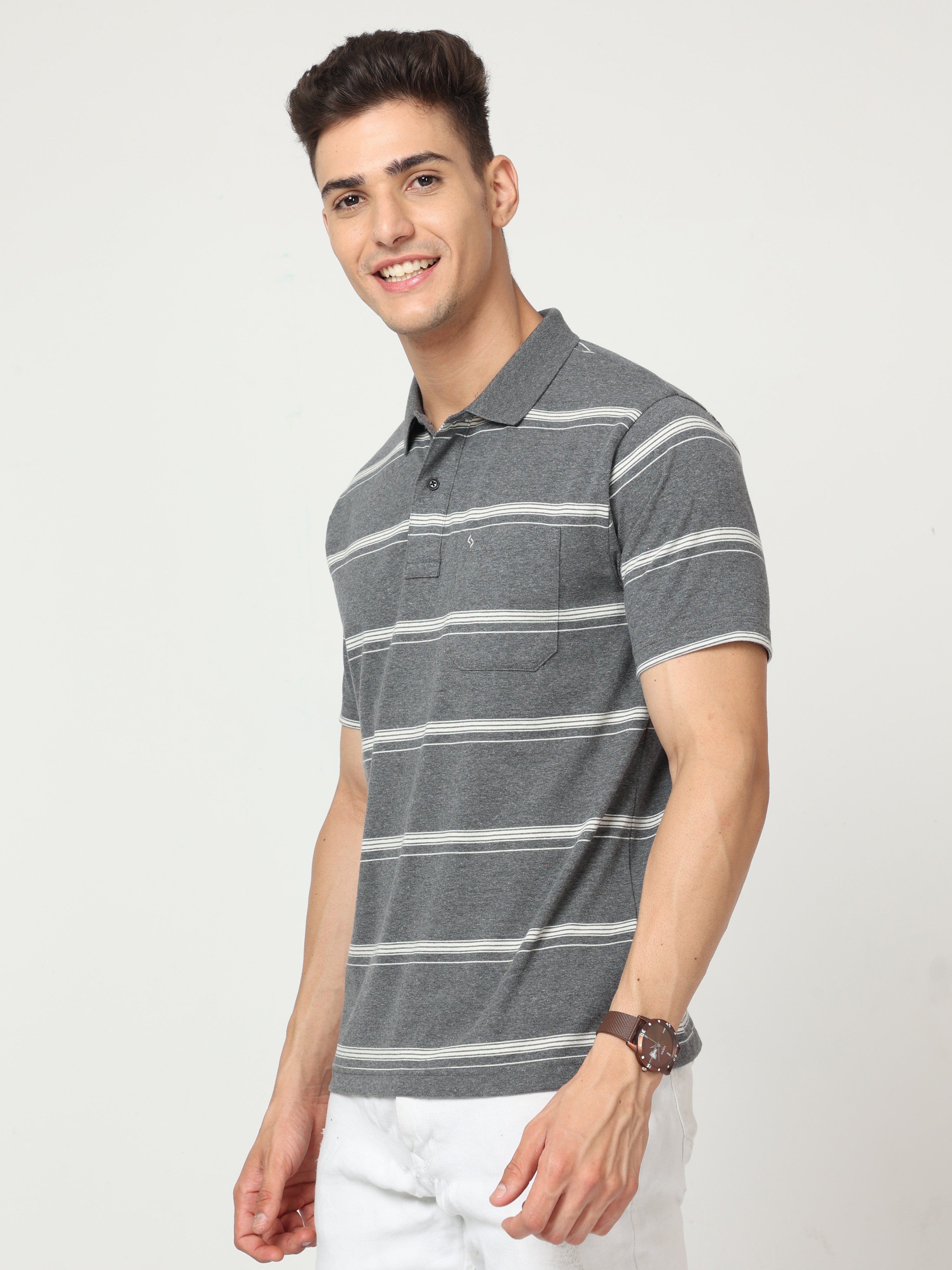 Classic Polo Mens Pure Cotton Half Sleeve Striped Regular Fit Polo Neck Grey Color T Shirt | F-Avon - 107 B