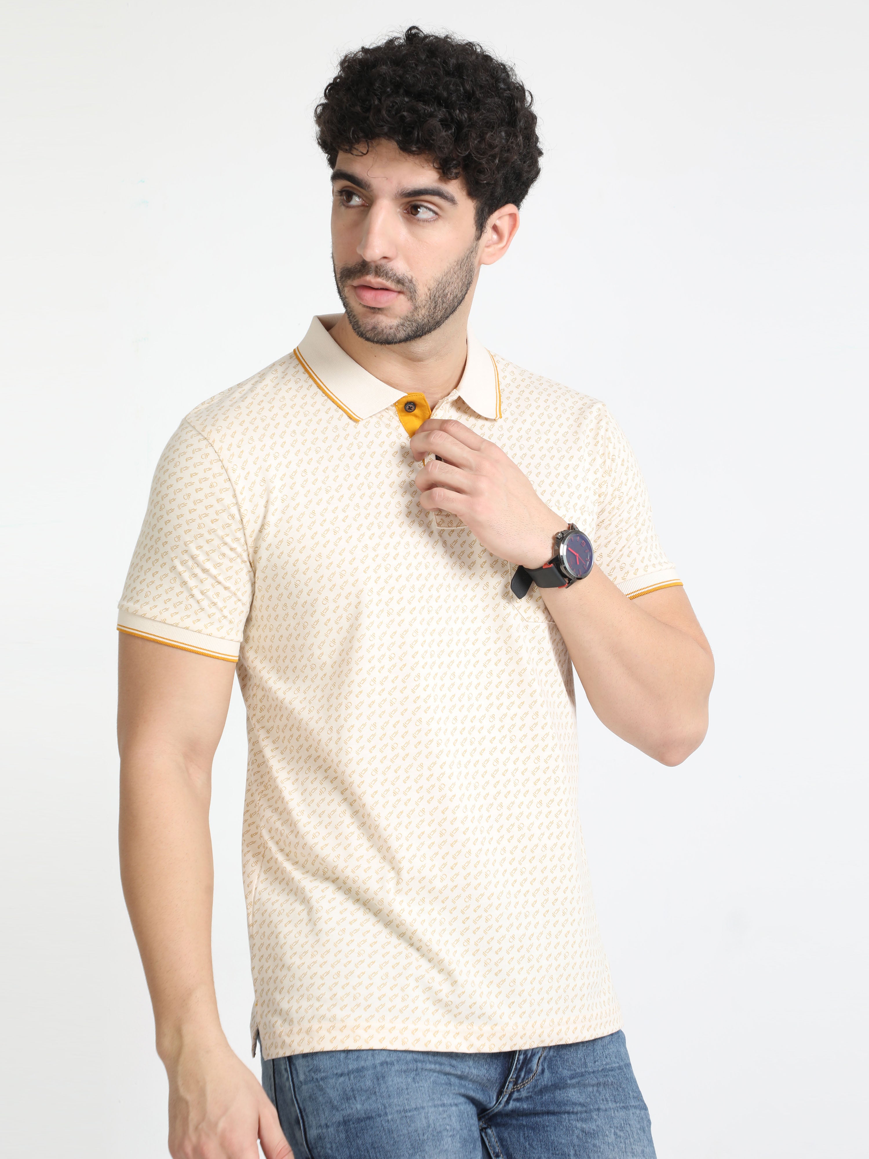 Classic Polo Mens Pure Cotton Half Sleeves Printed Slim Fit Polo Neck Yellow Color T-Shirt | Bello - 216 B Sf P