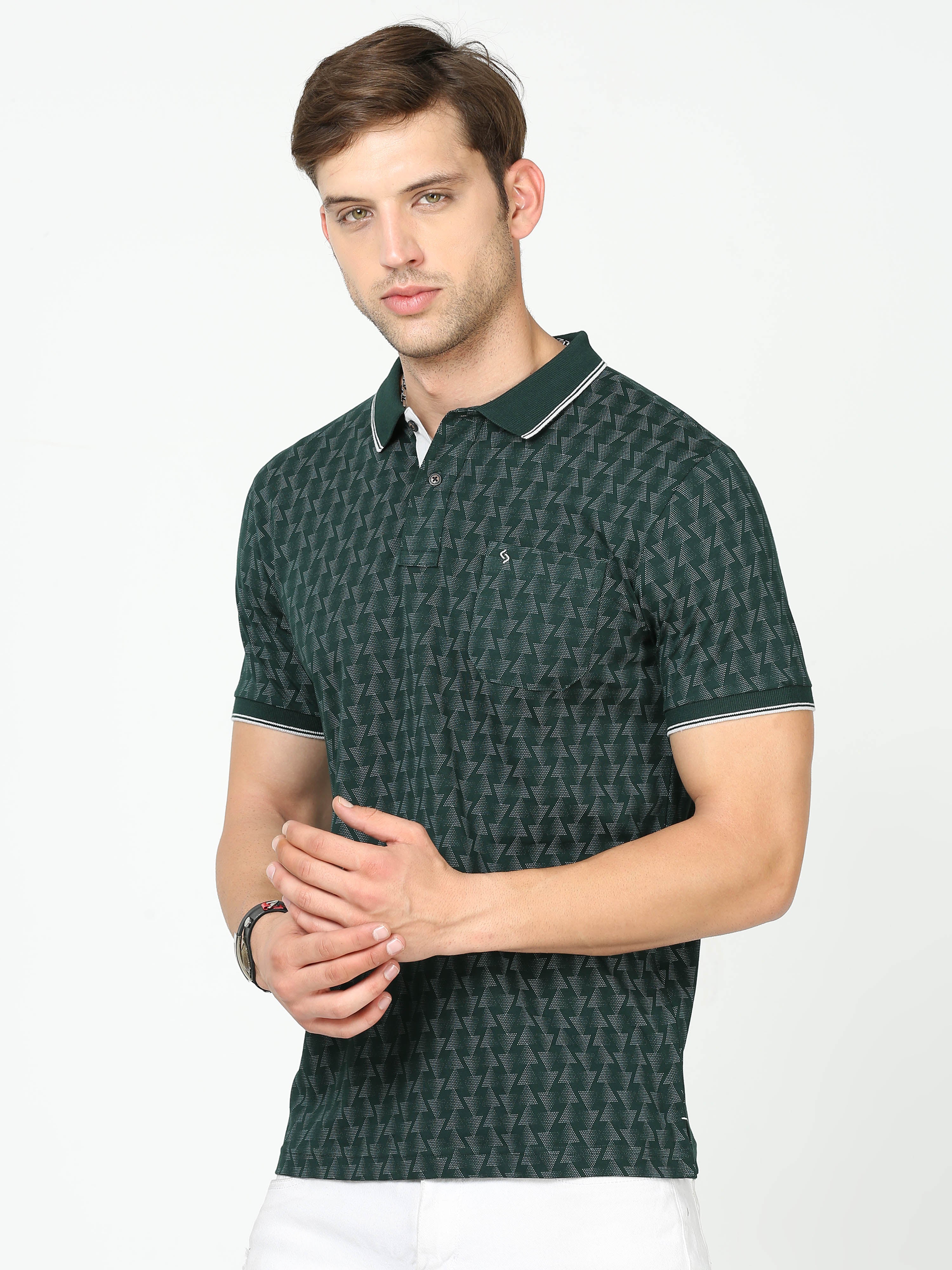 Classic Polo Mens Pure Cotton Half Sleeves Printed Slim Fit Polo Neck Dark Green Color T-Shirt | Bello - 230 A Sf P